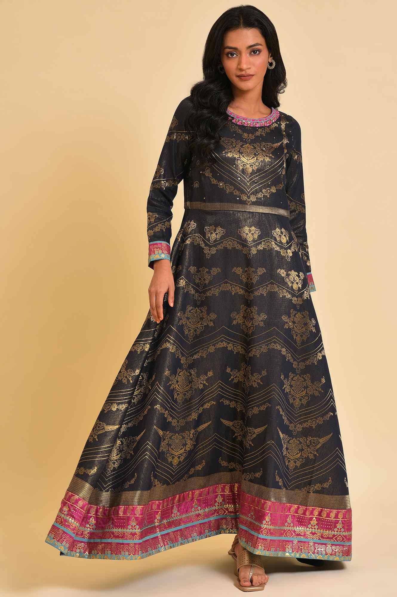 Navy Blue Flared Festive Dress - wforwoman