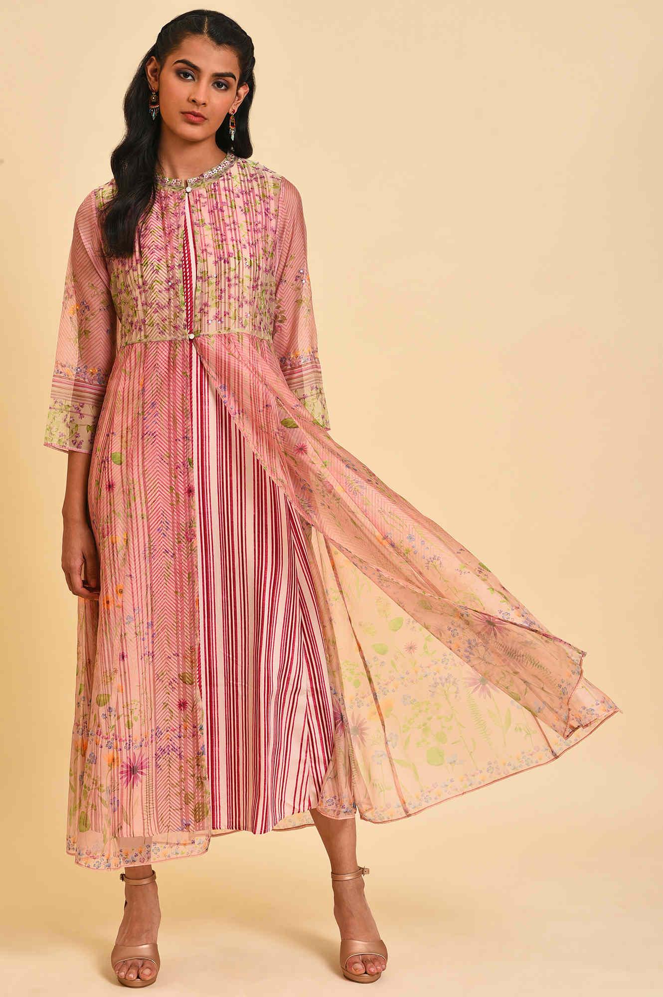 Pink Floral Gillet & Striped Dress Set - wforwoman