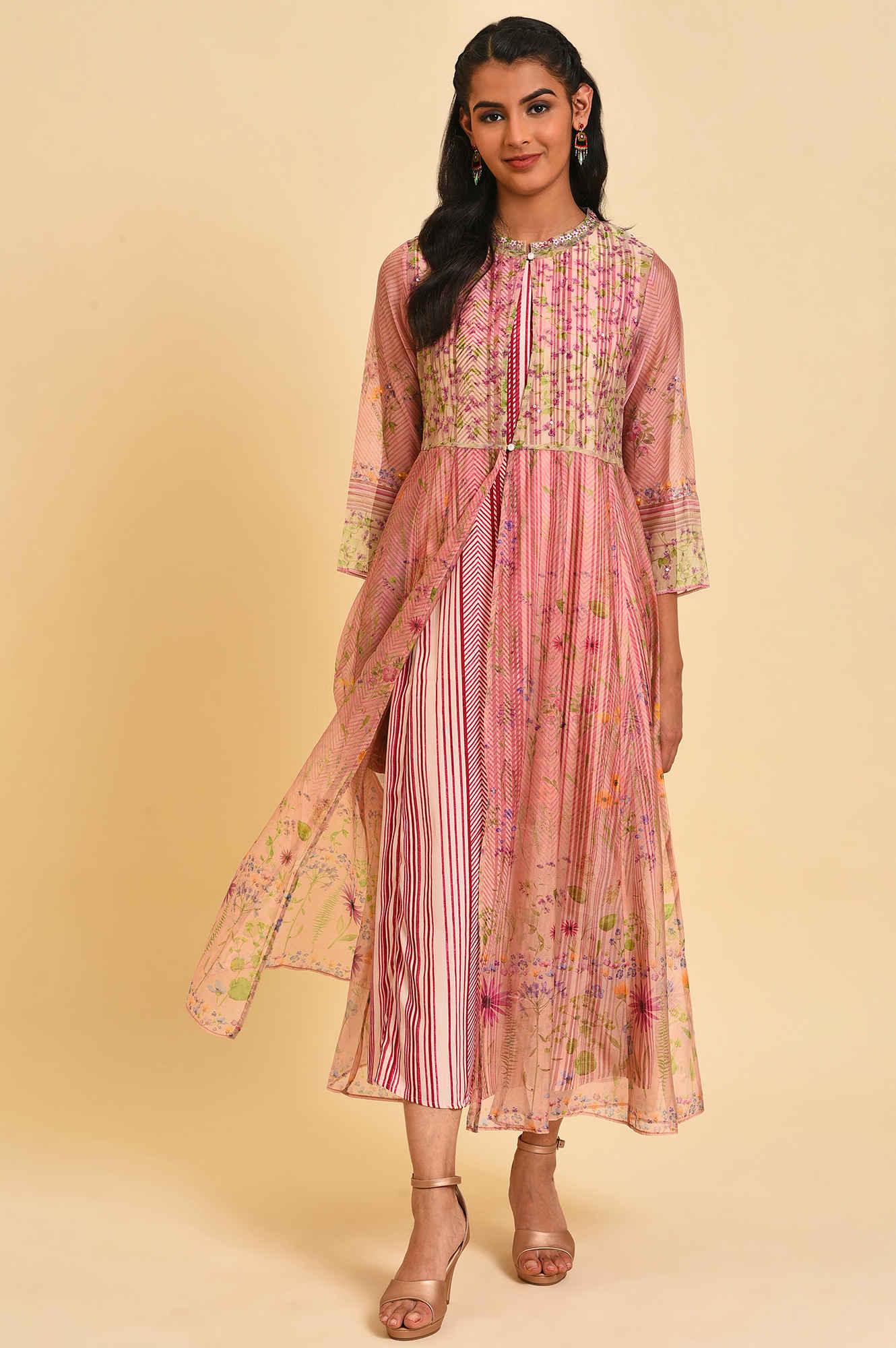 Pink Floral Gillet & Striped Dress Set - wforwoman