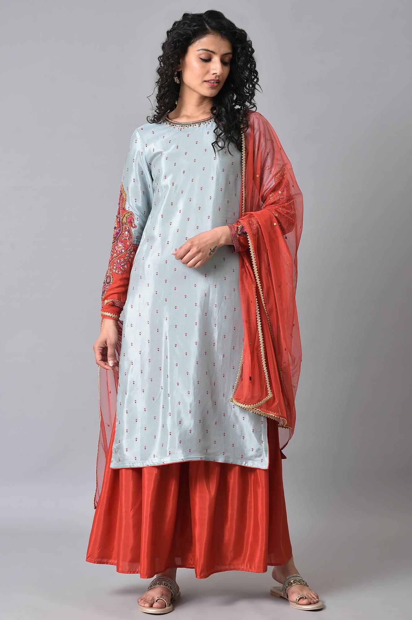 Blue & Orange Embroidered kurta Sharara Set - wforwoman