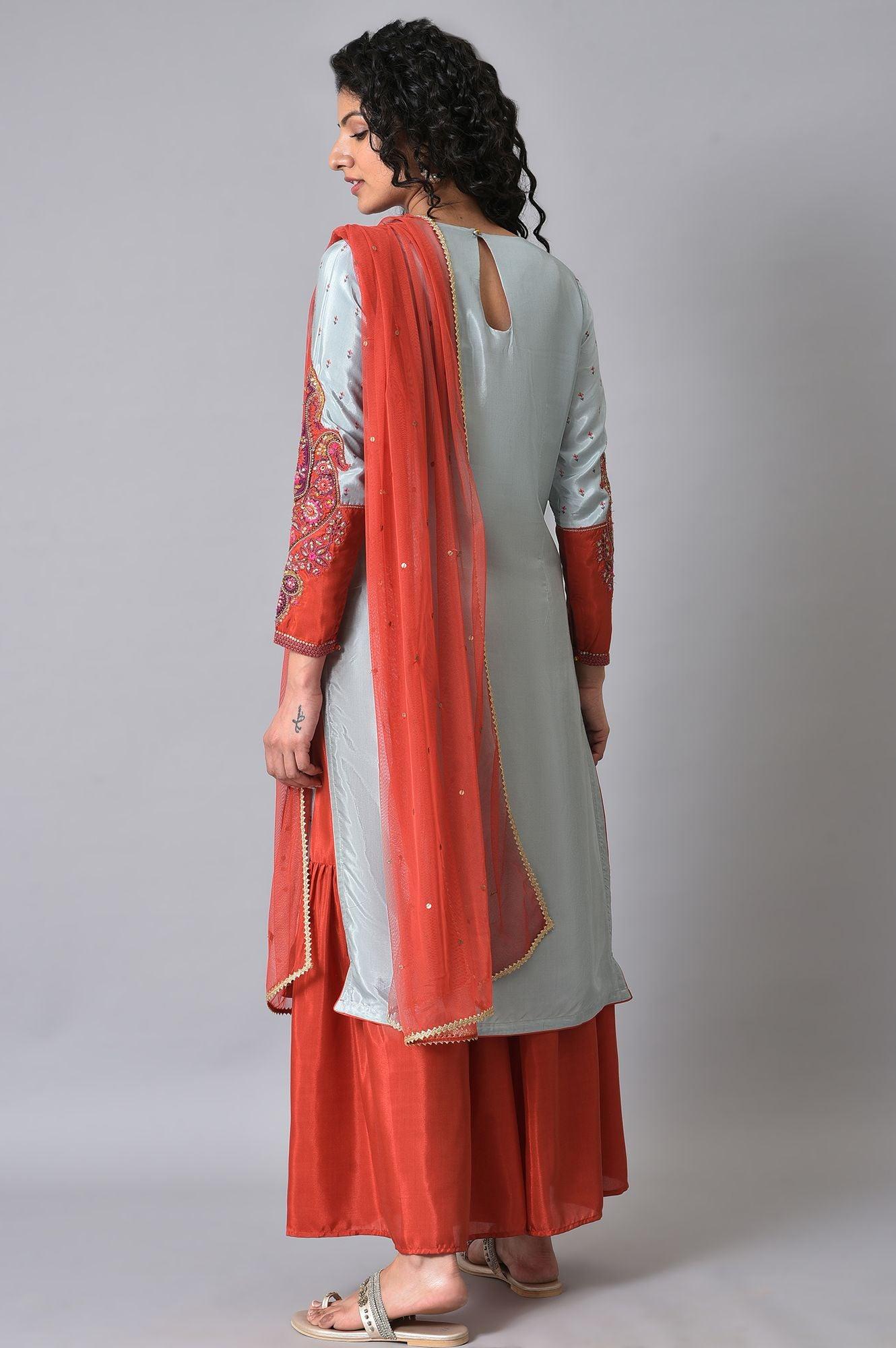 Blue & Orange Embroidered kurta Sharara Set - wforwoman