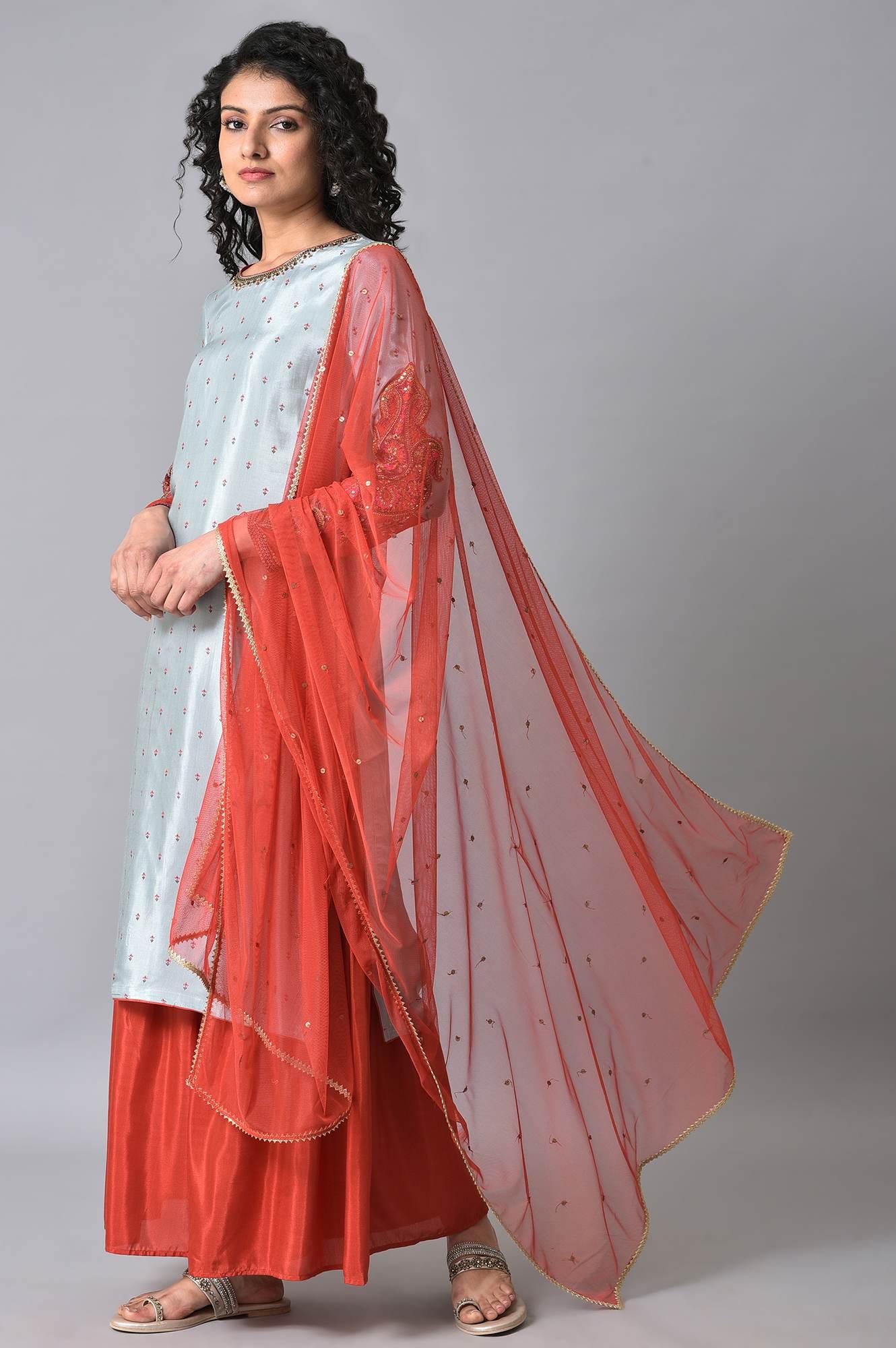 Blue & Orange Embroidered kurta Sharara Set - wforwoman