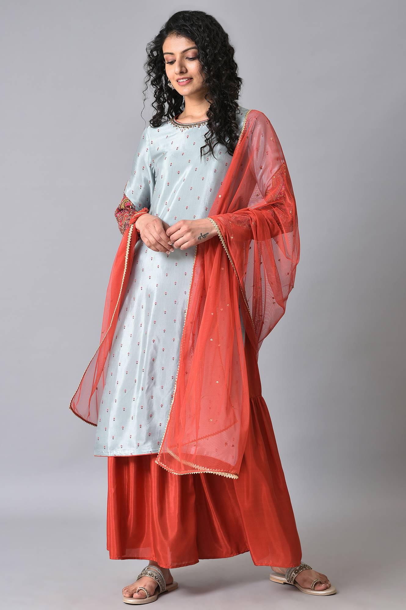 Blue & Orange Embroidered kurta Sharara Set - wforwoman