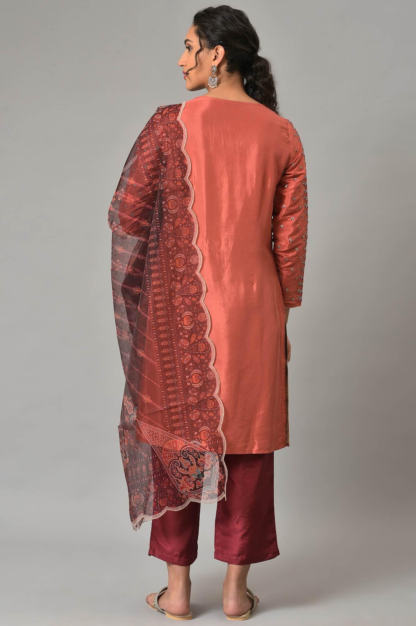 Coral Embroidered kurta With Dark Red Pants And Printed Dupatta - wforwoman