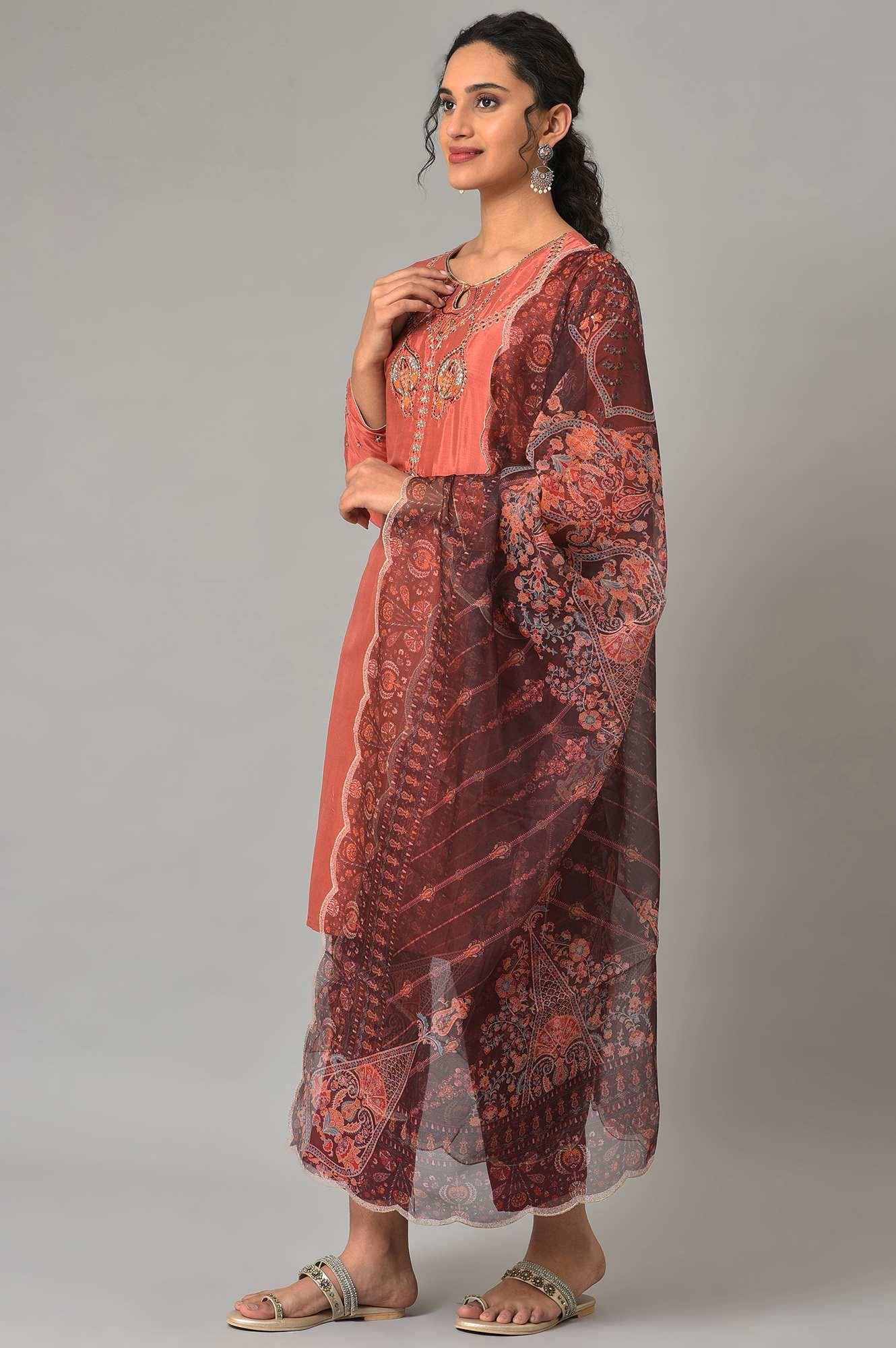 Coral Embroidered kurta With Dark Red Pants And Printed Dupatta - wforwoman