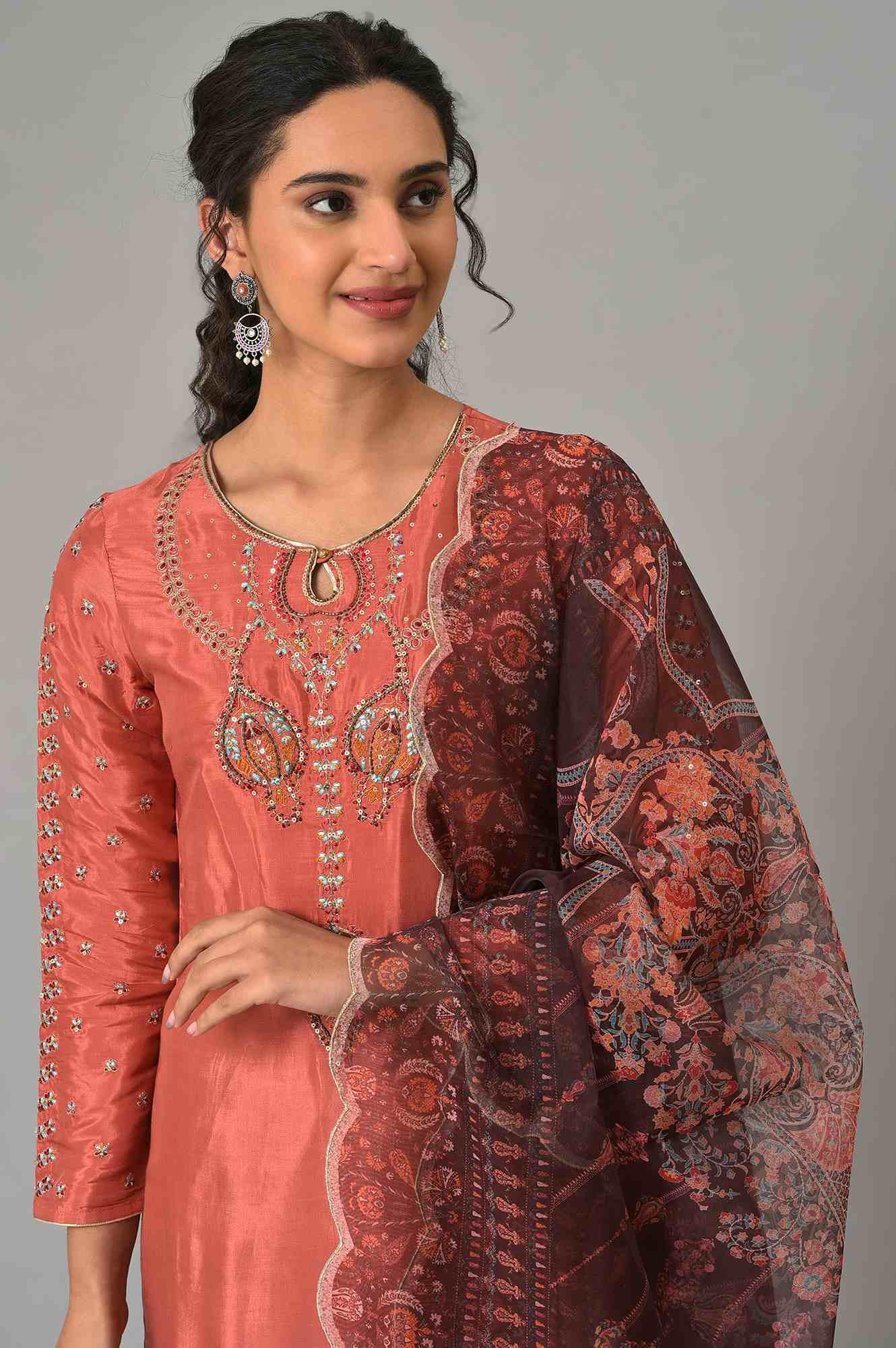 Coral Embroidered kurta With Dark Red Pants And Printed Dupatta - wforwoman