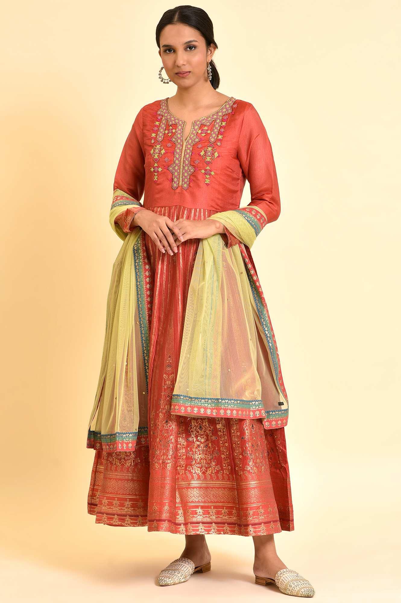 Orange Tamil Silk Embellished Dress & Dupatta Set - wforwoman