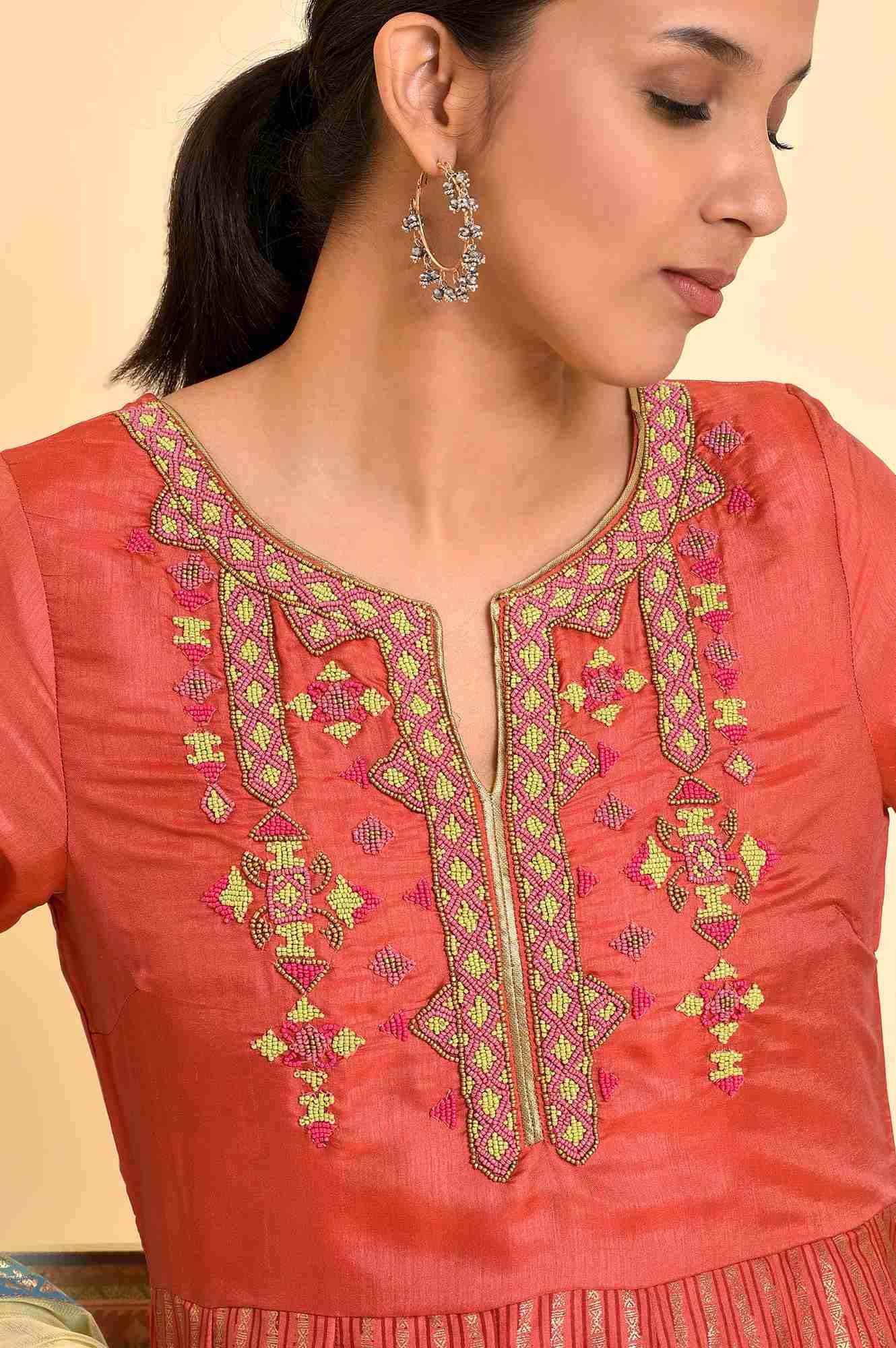 Orange Tamil Silk Embellished Dress & Dupatta Set - wforwoman
