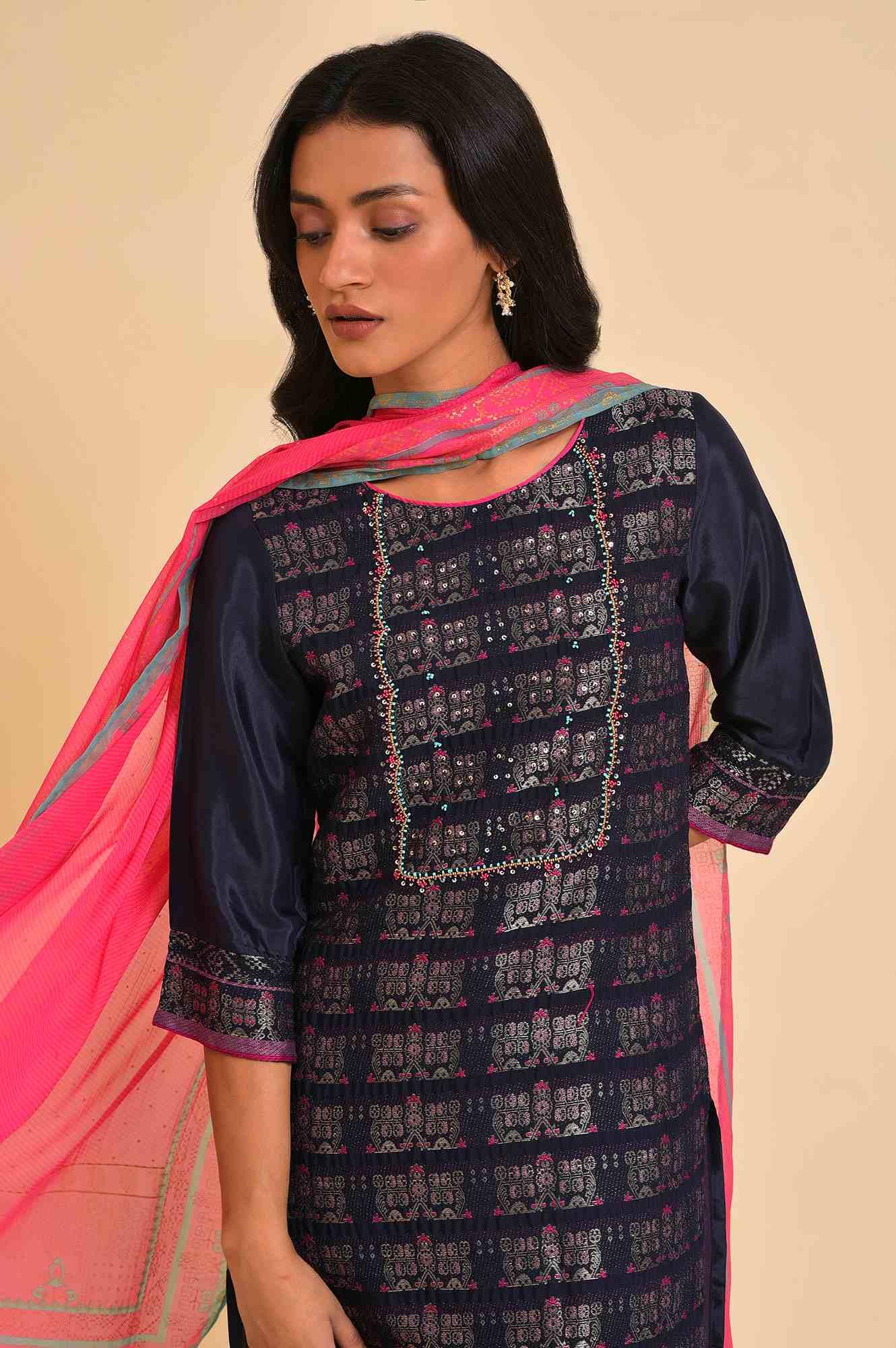 Navy Blue Festive kurta, Embroidered Salwar & Dupatta - wforwoman