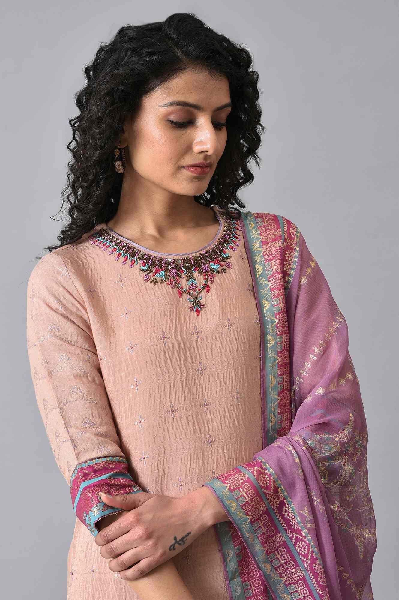 Peach Embroidered kurta With Sharara Set - wforwoman