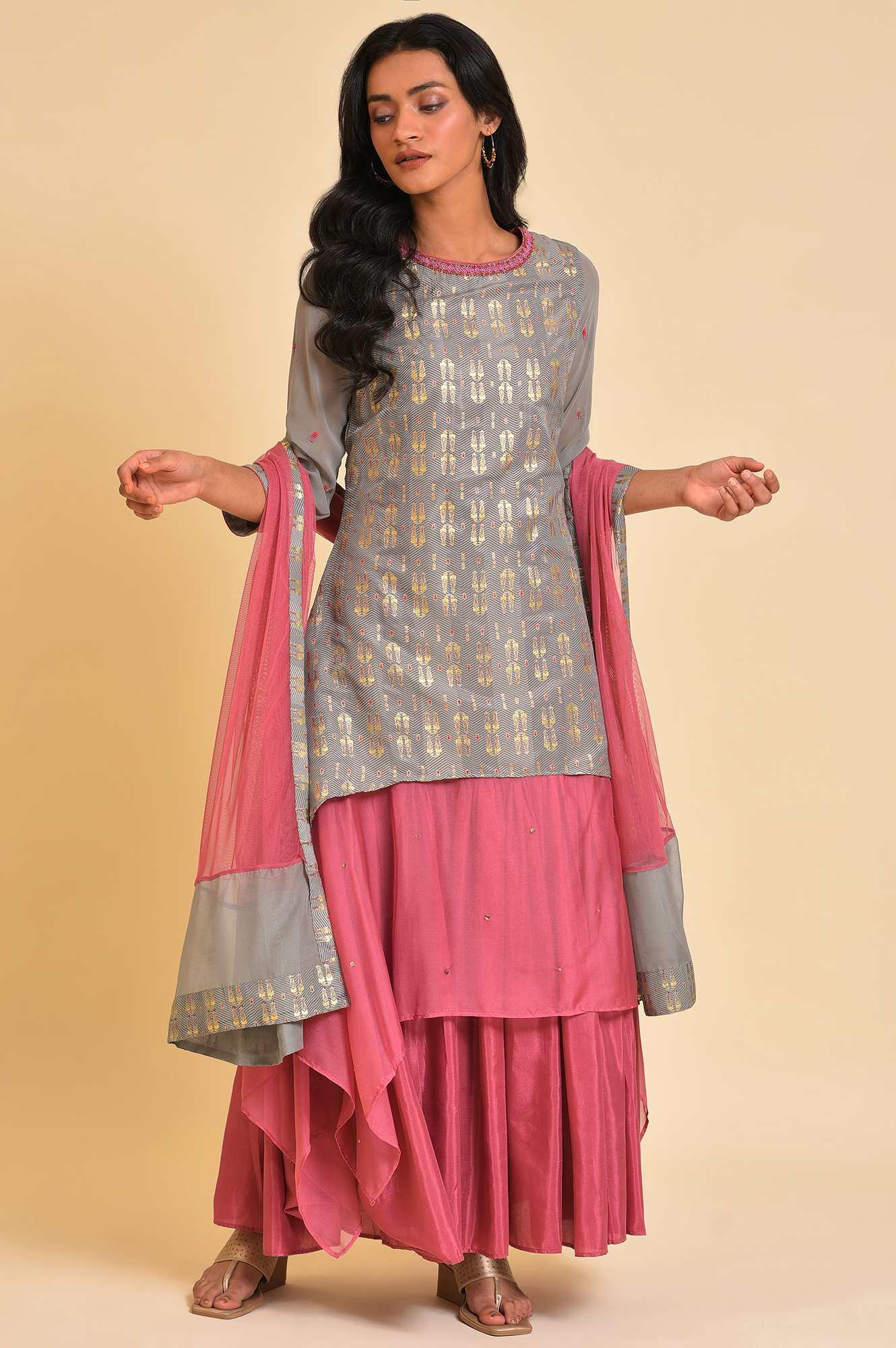 Grey And Pink Layered Asymmetric Dress & Dupatta Set - wforwoman
