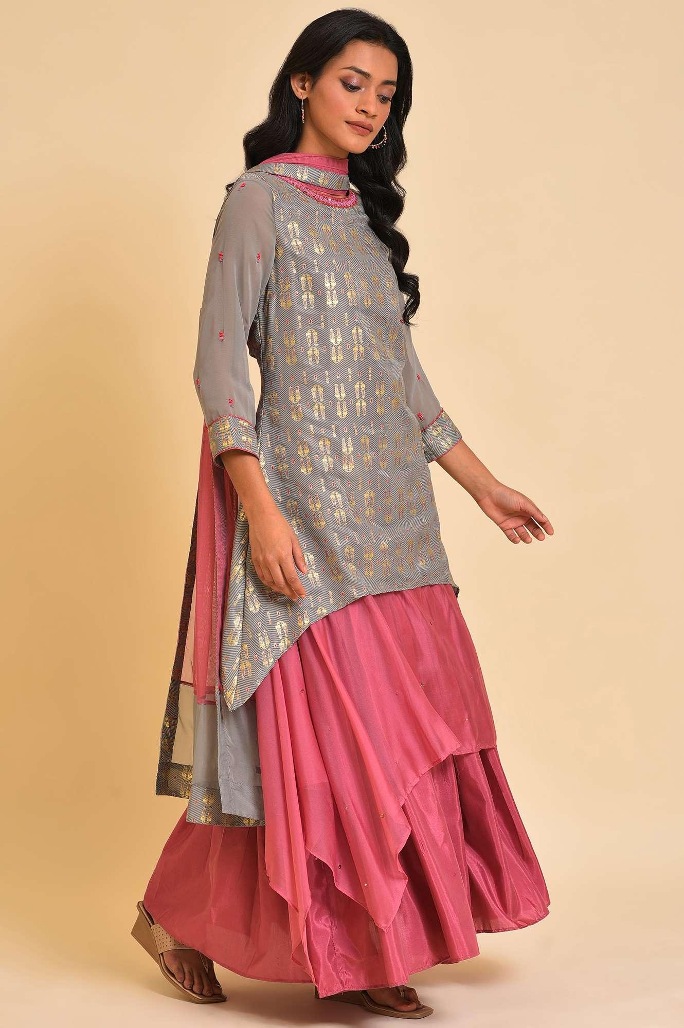 Grey And Pink Layered Asymmetric Dress & Dupatta Set - wforwoman
