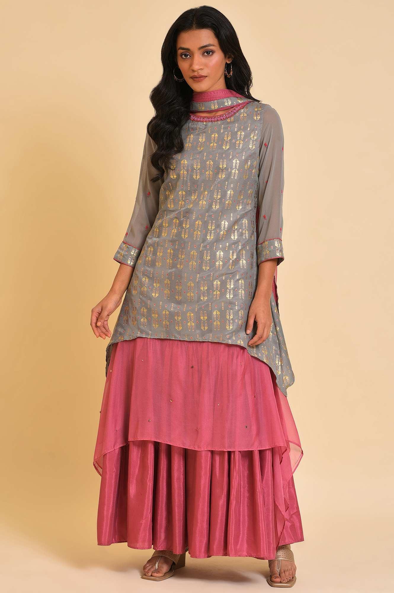 Grey And Pink Layered Asymmetric Dress & Dupatta Set - wforwoman