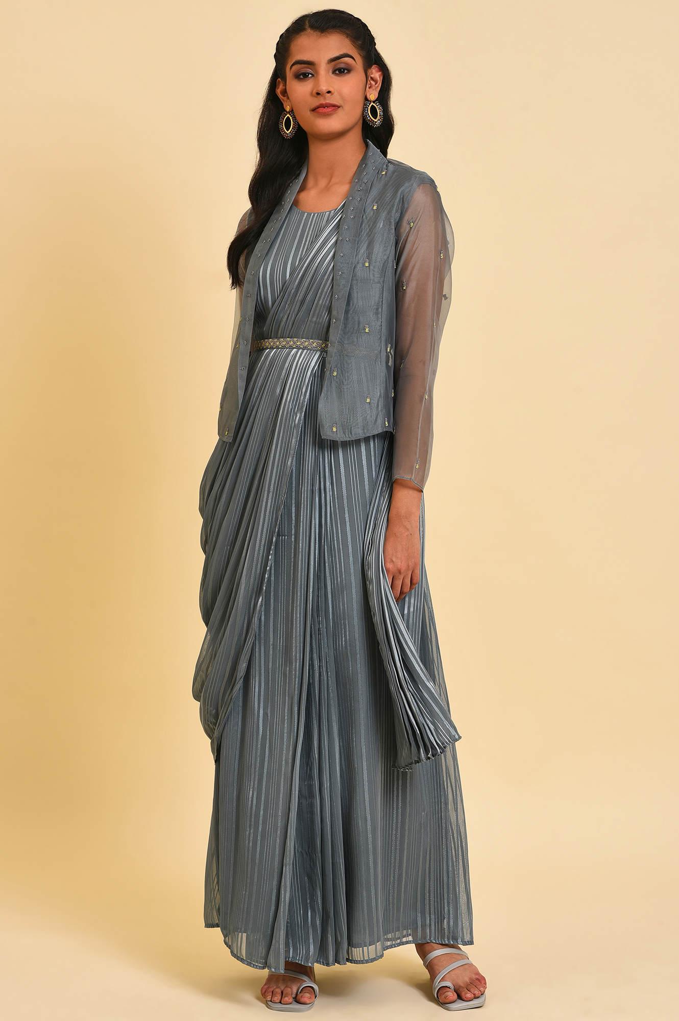 Grey Festive Predrape Saree With Short Jacket - wforwoman