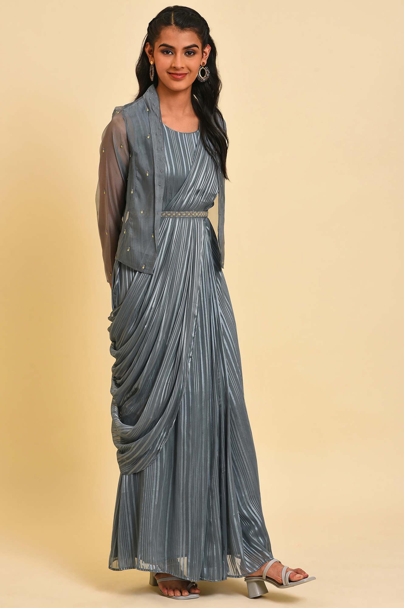 Grey Festive Predrape Saree With Short Jacket - wforwoman