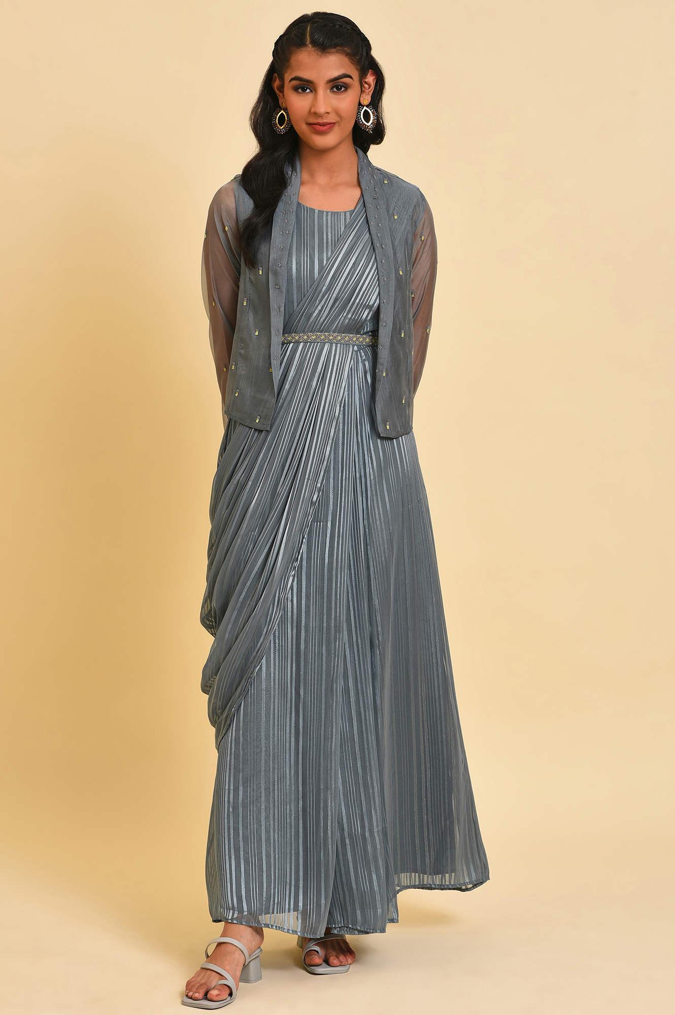 Grey Festive Predrape Saree With Short Jacket - wforwoman