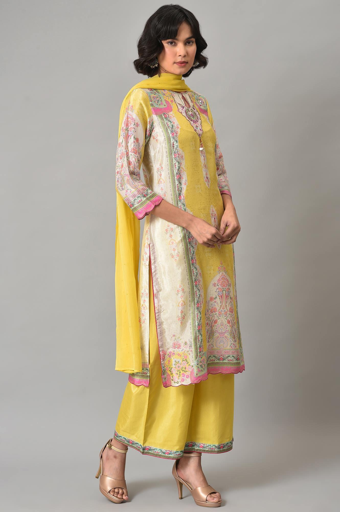 Light Yellow Printed kurta With Parallel Pants And Chiffon Dupatta - wforwoman