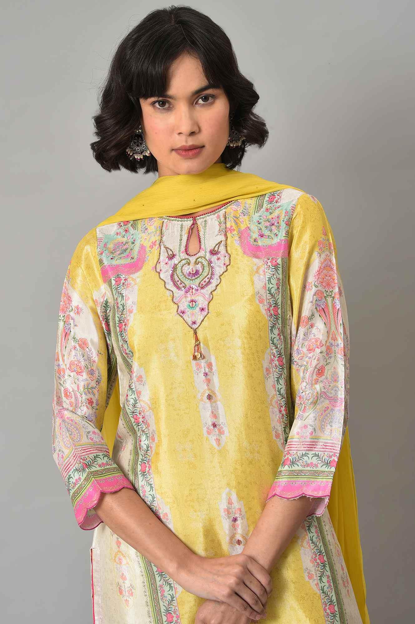 Light Yellow Printed kurta With Parallel Pants And Chiffon Dupatta - wforwoman