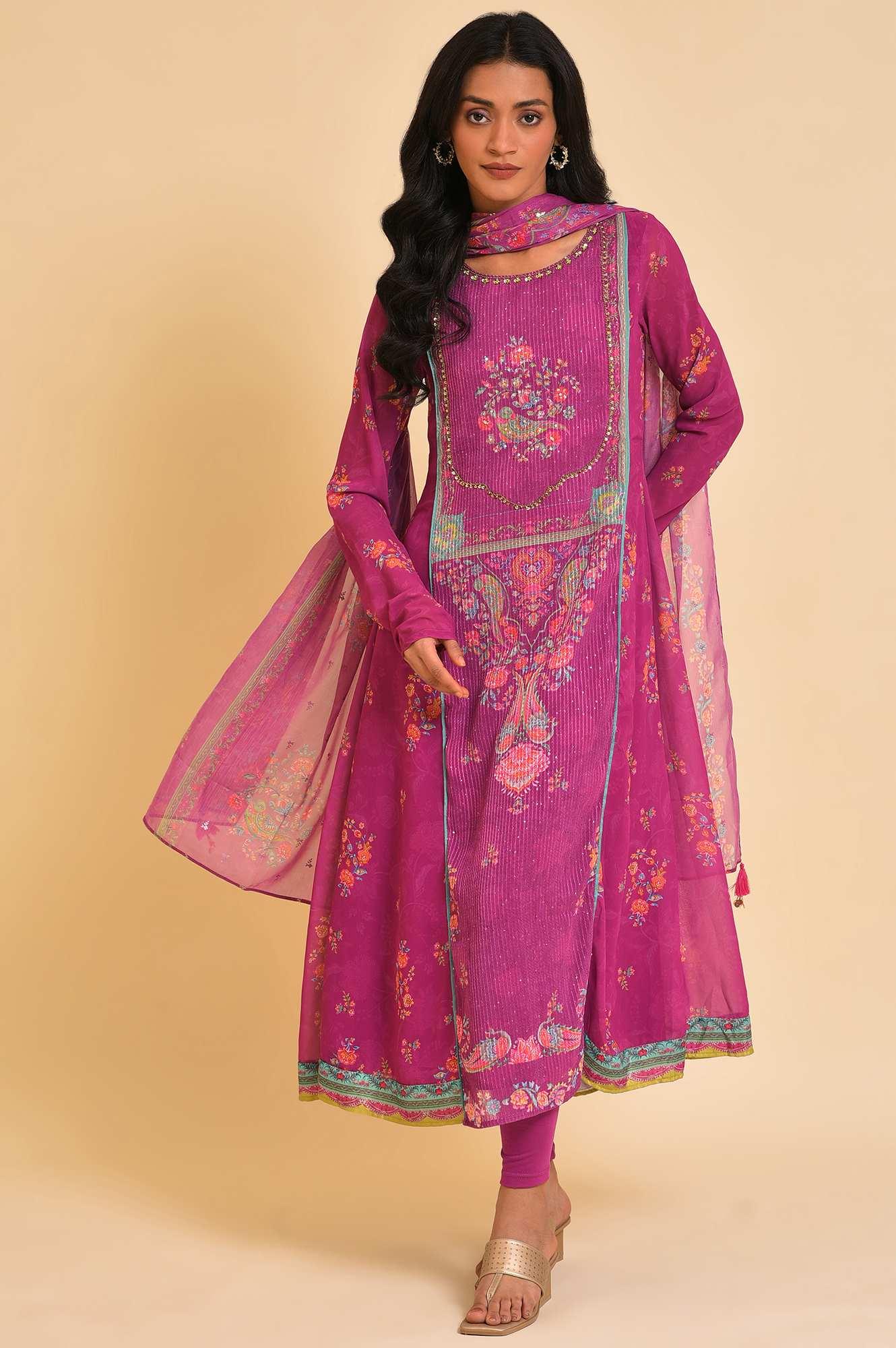 Dark Pink Sequined Anarkali kurta, Tights & Dupatta Set - wforwoman