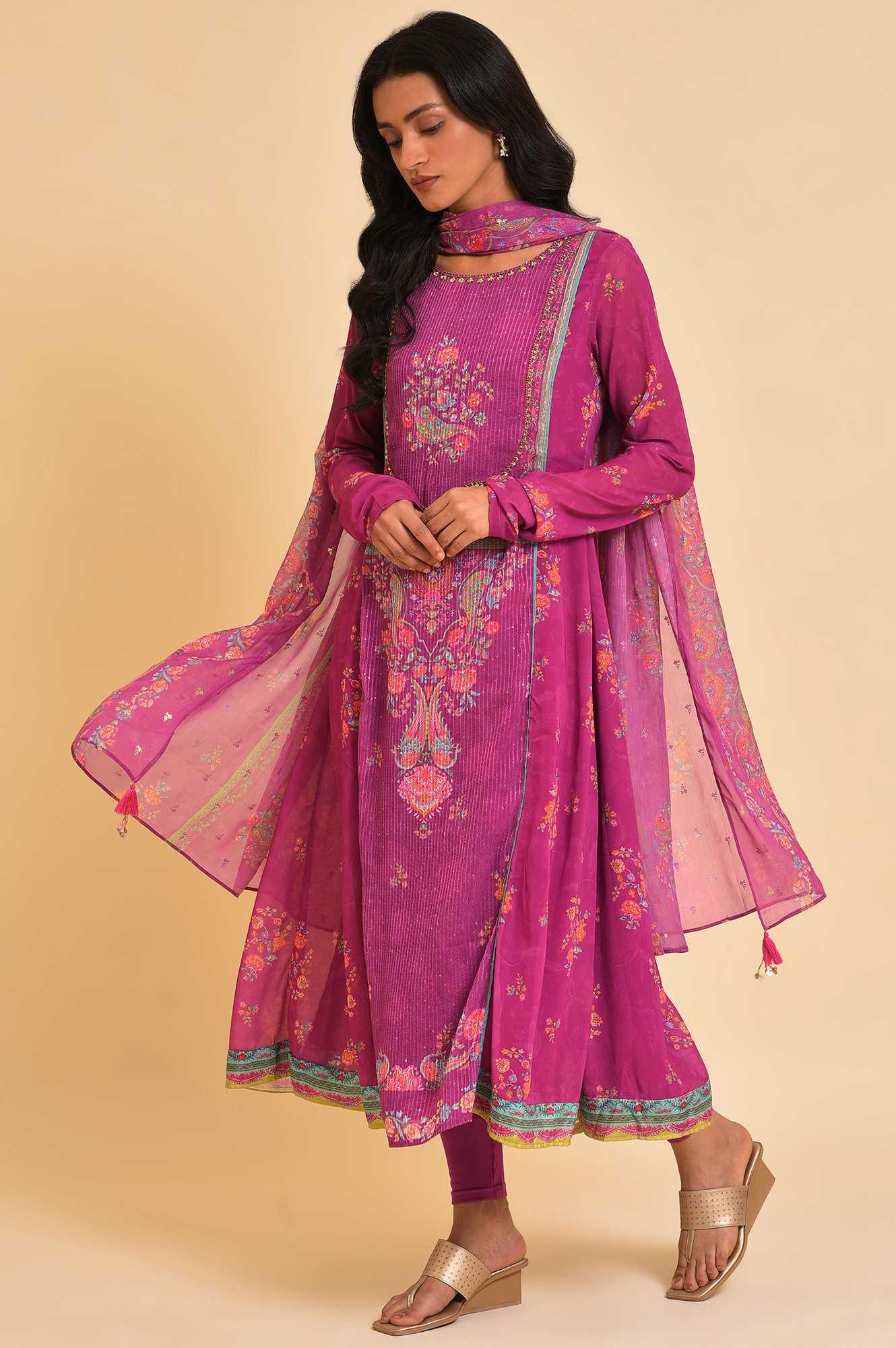 Dark Pink Sequined Anarkali kurta, Tights & Dupatta Set - wforwoman