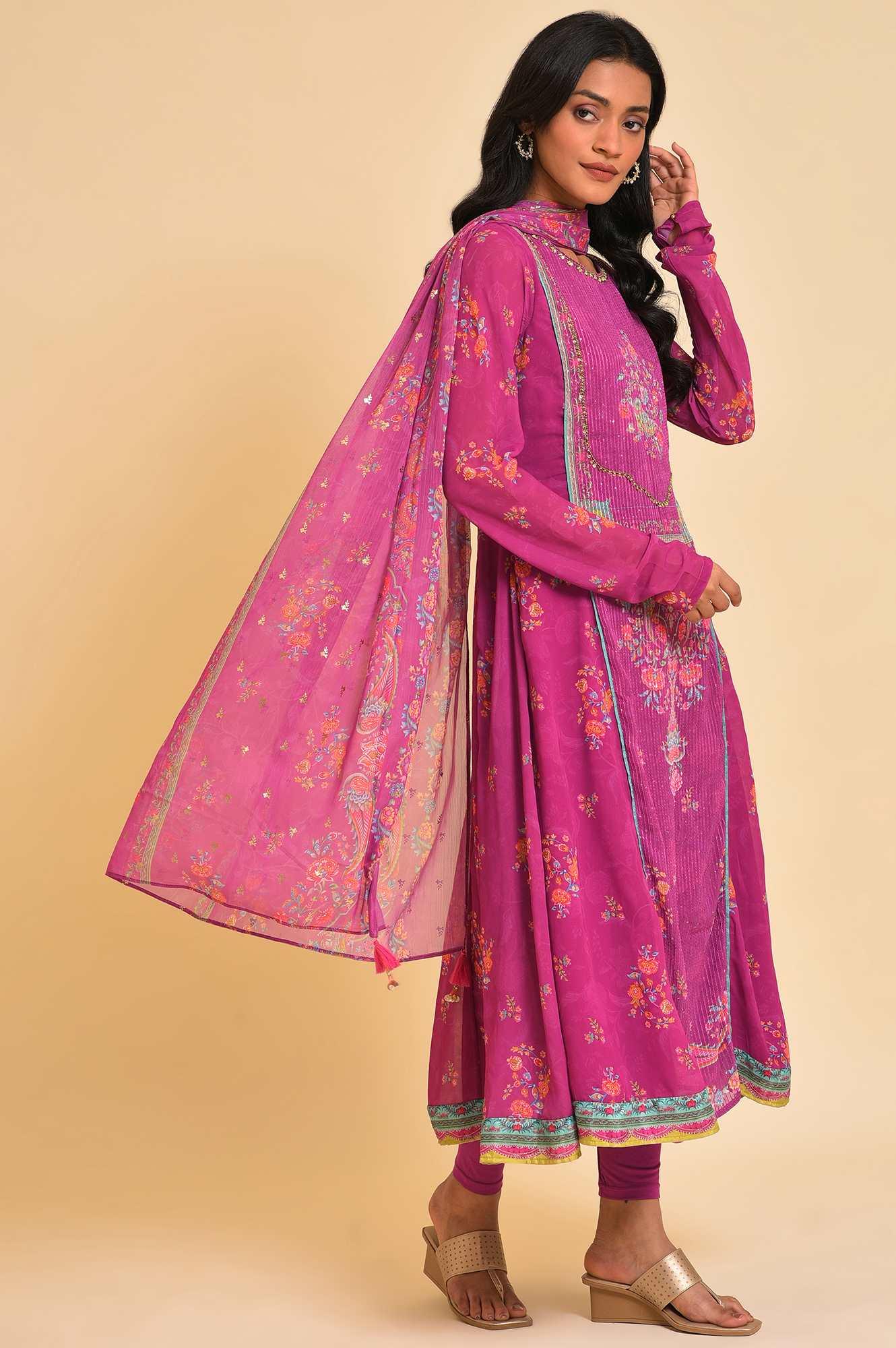 Dark Pink Sequined Anarkali kurta, Tights & Dupatta Set - wforwoman