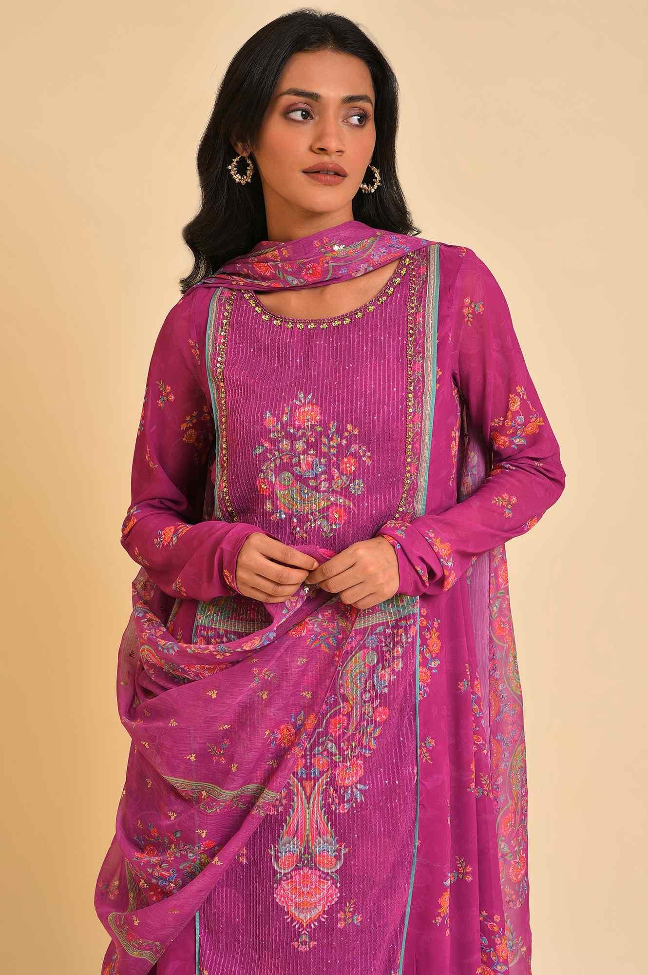 Dark Pink Sequined Anarkali kurta, Tights & Dupatta Set - wforwoman
