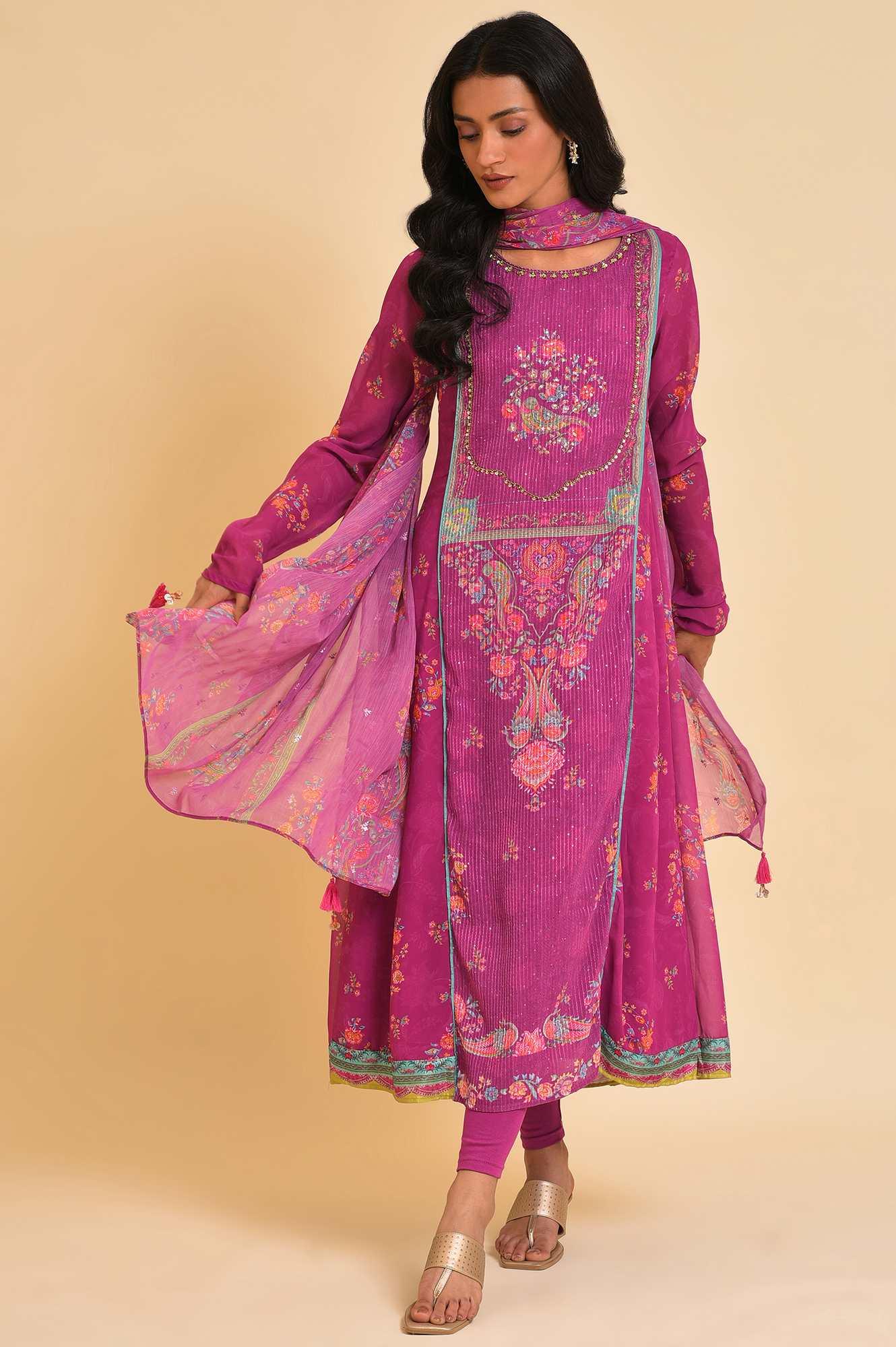 Dark Pink Sequined Anarkali kurta, Tights & Dupatta Set - wforwoman