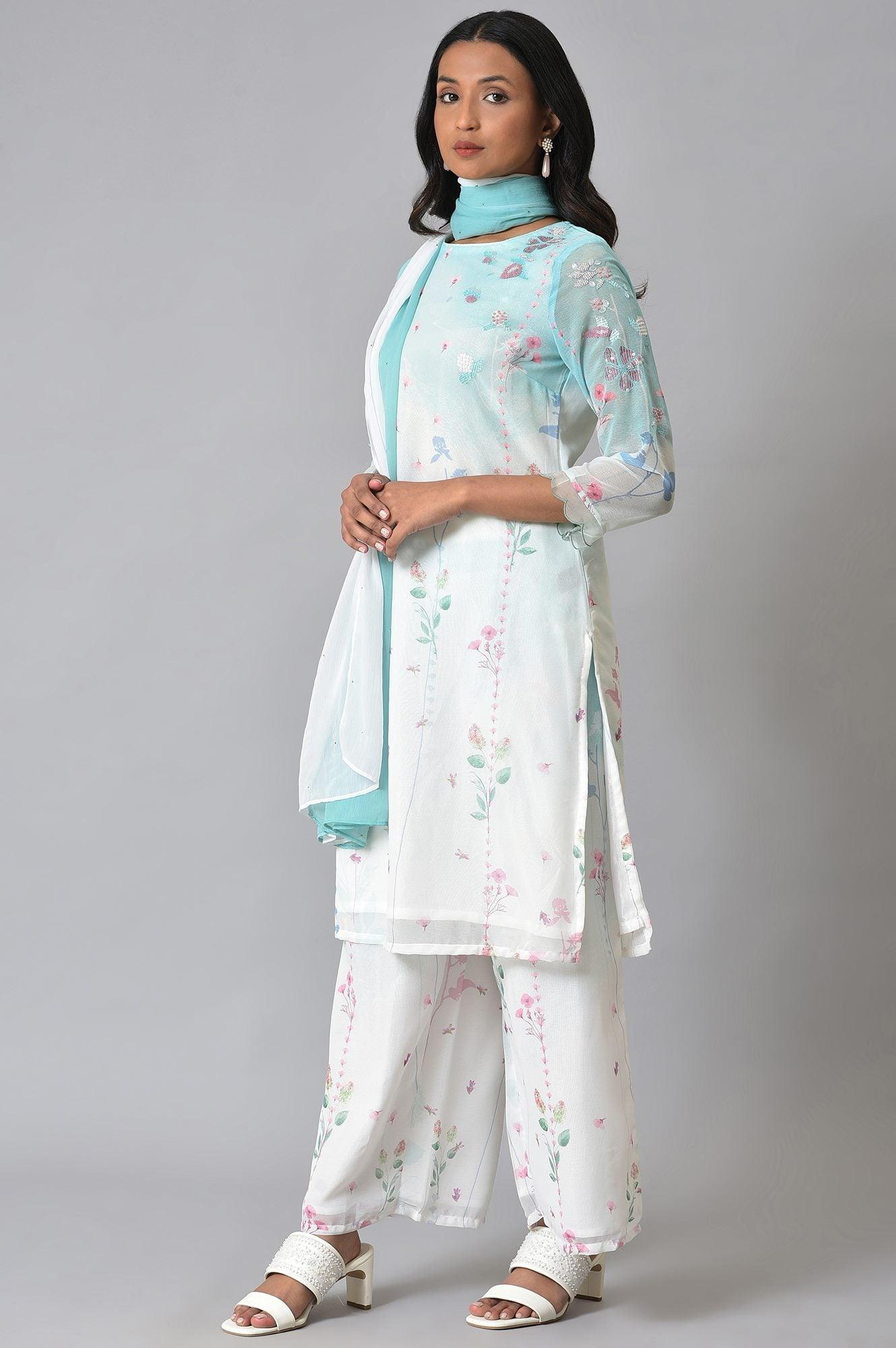 Ecru & Blue Floral Georgette kurta With Parallel Pants And Dupatta - wforwoman