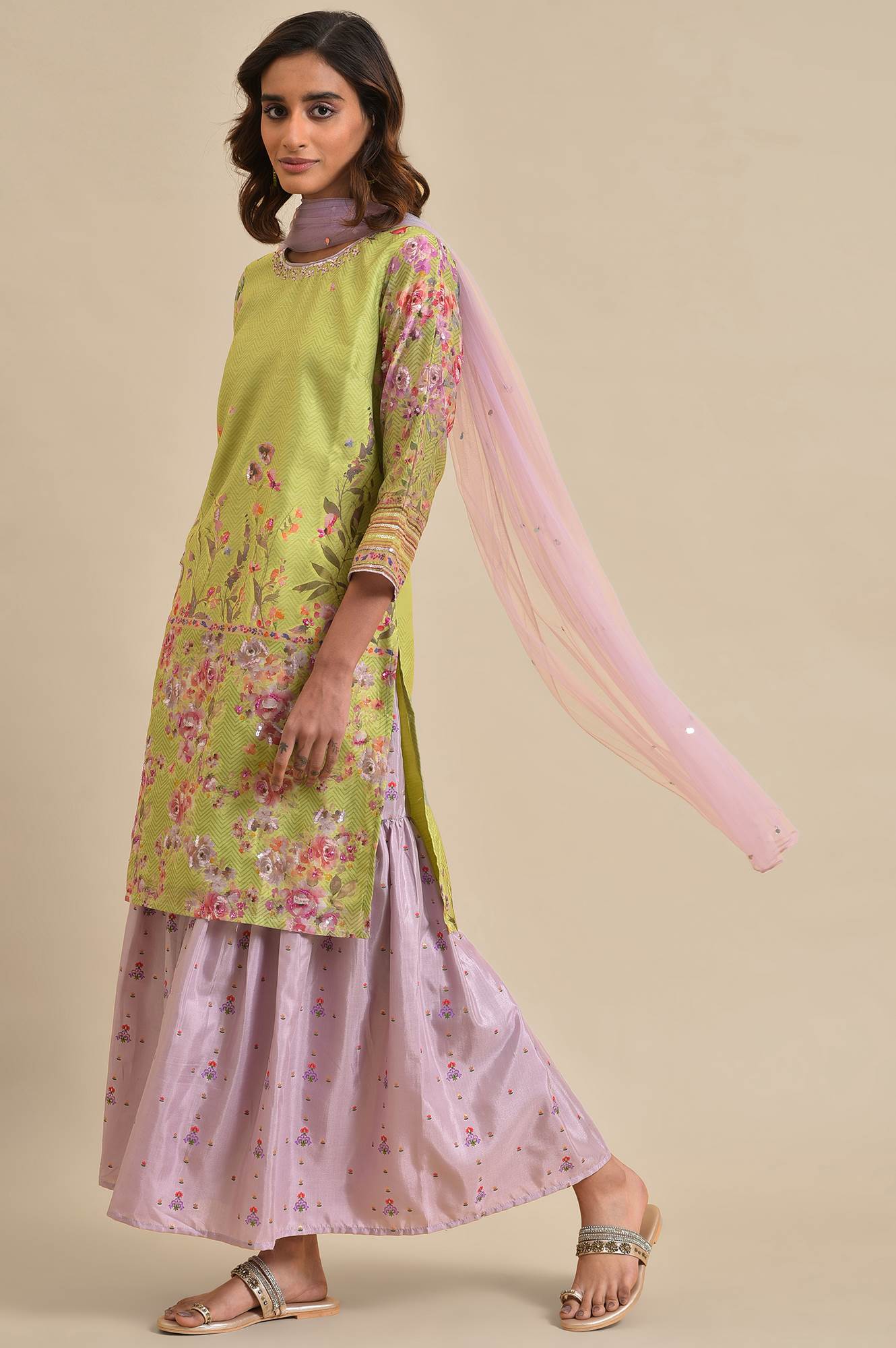Green Chanderi Floral Printed kurta, Sharara & Dupatta Set