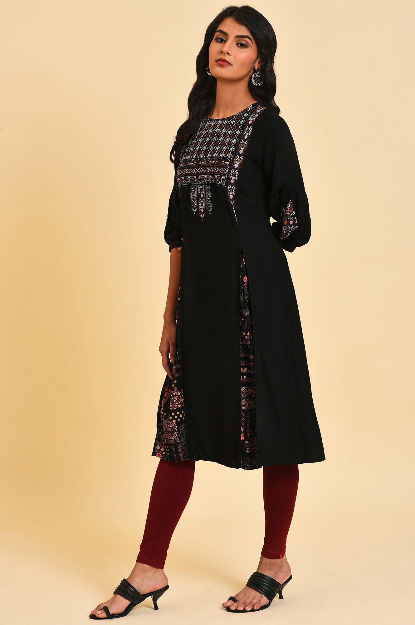 Black Godget Tunic With Multi-Coloured Embroidery - wforwoman