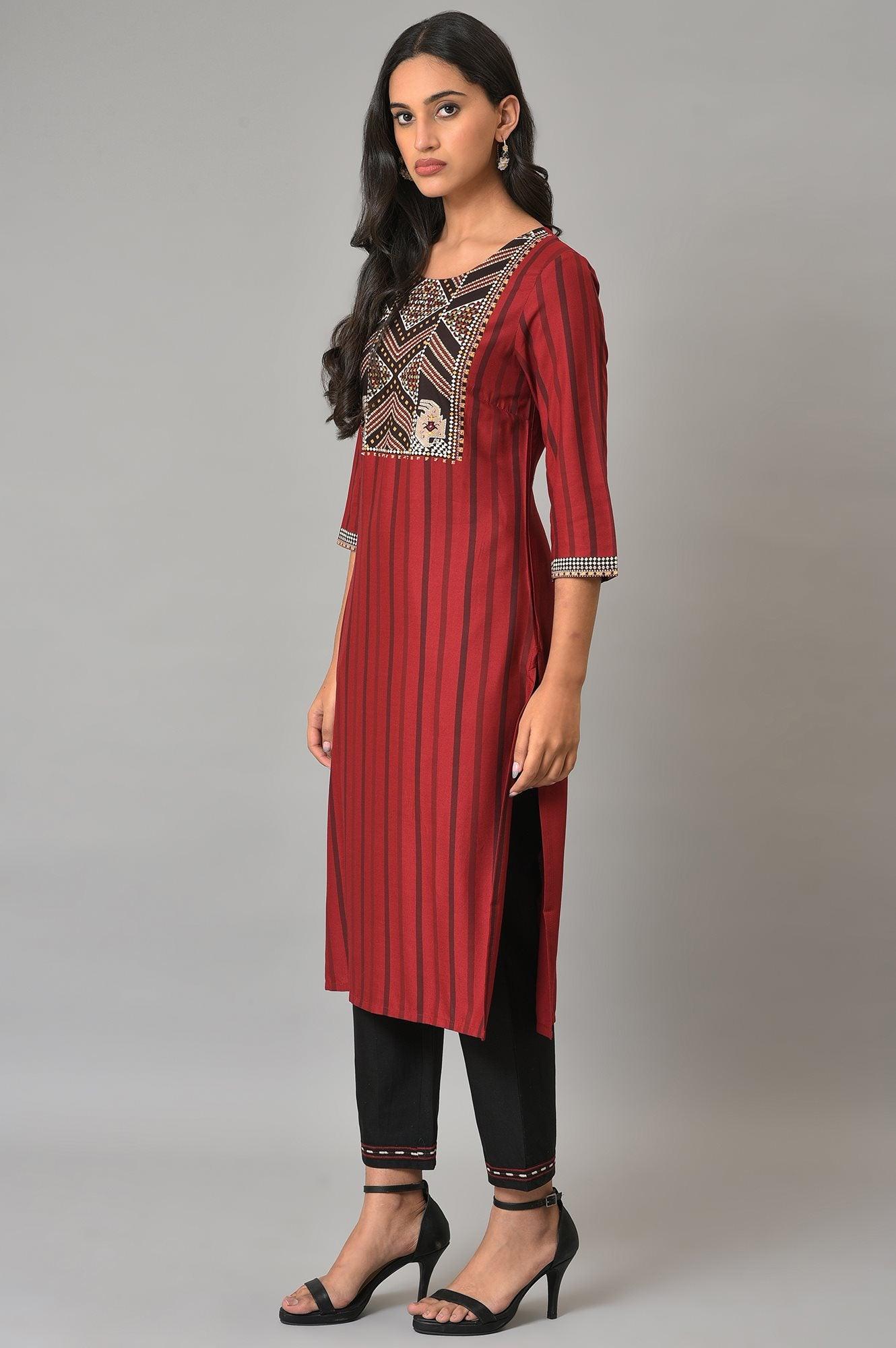 Red Stripe kurta With Embellished Yoke - wforwoman