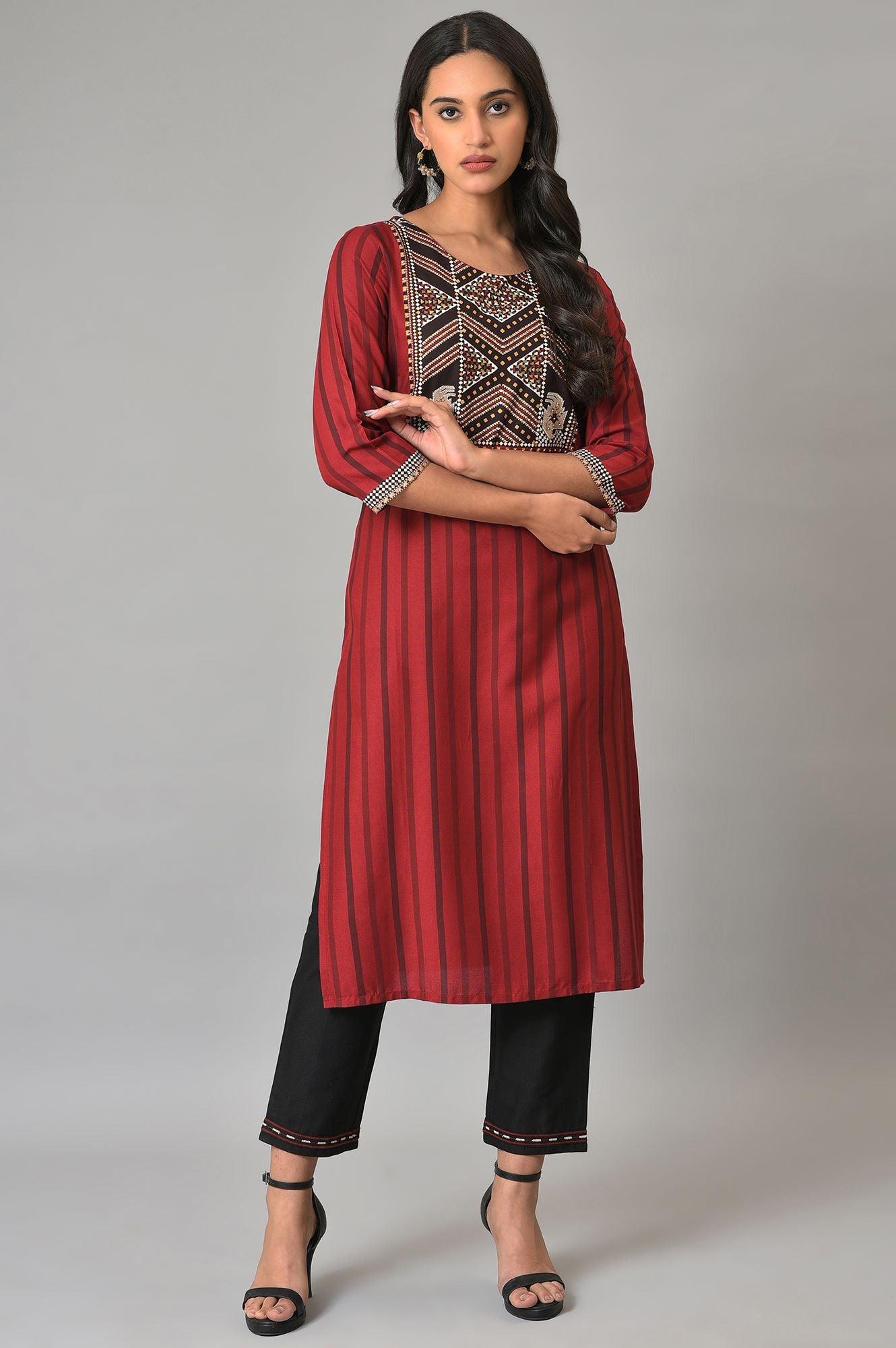 Red Stripe kurta With Embellished Yoke - wforwoman