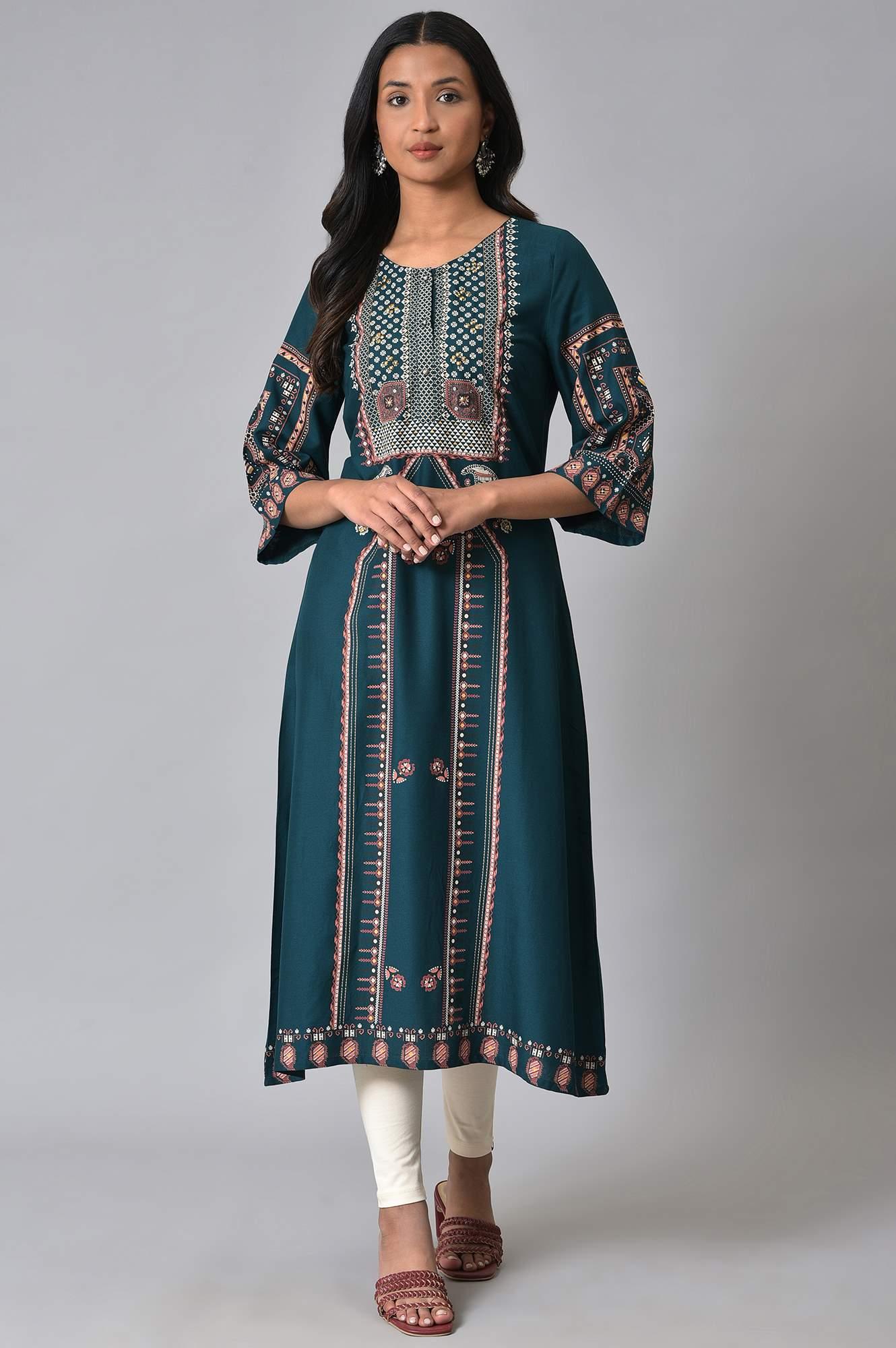 Teal Fusion A-Line kurta - wforwoman