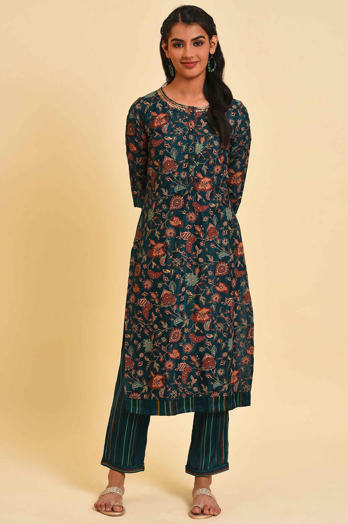 Teal Printed Embellished Neck Straight kurta - wforwoman