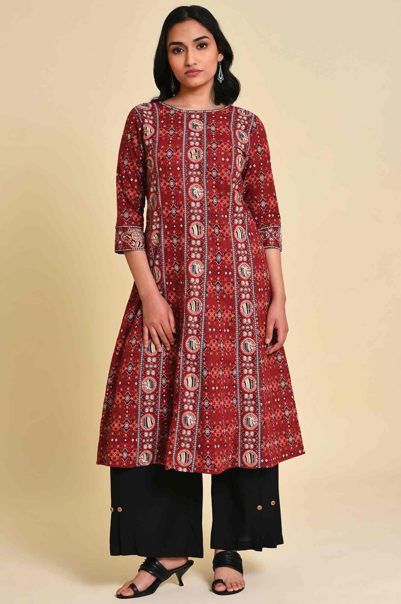 Dark Red A-Line Printed kurta - wforwoman