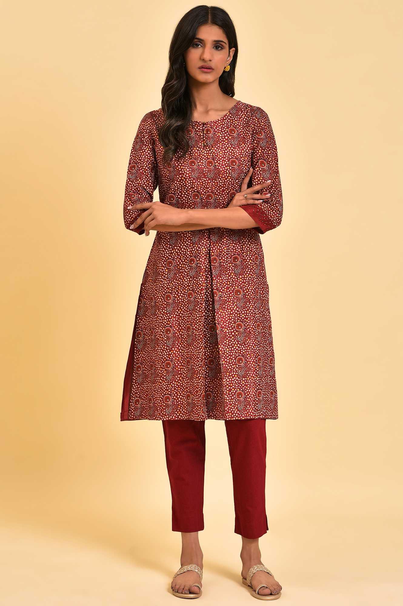 Dark Red Printed kurta With Front Pleat - wforwoman
