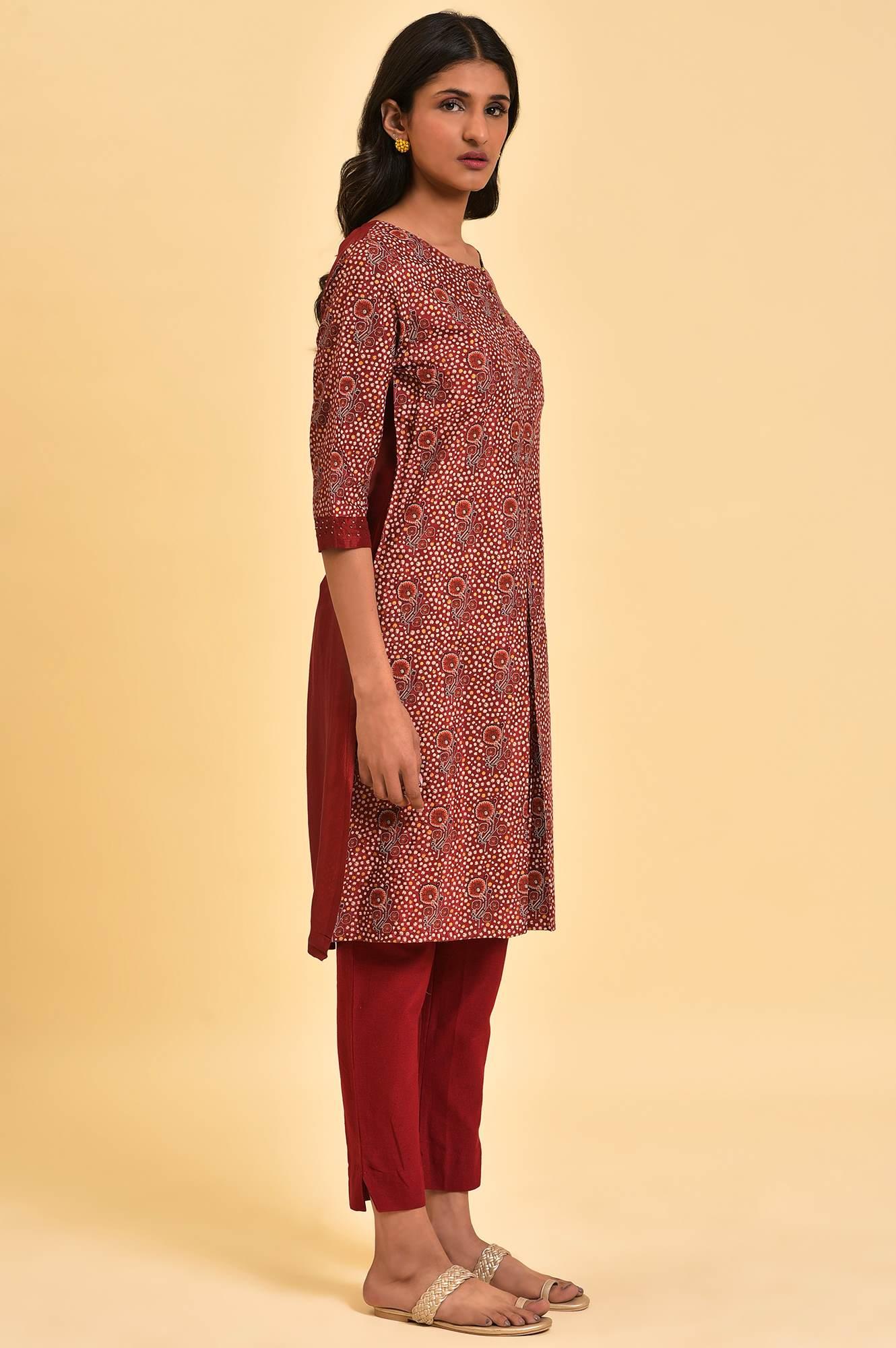 Dark Red Printed kurta With Front Pleat - wforwoman