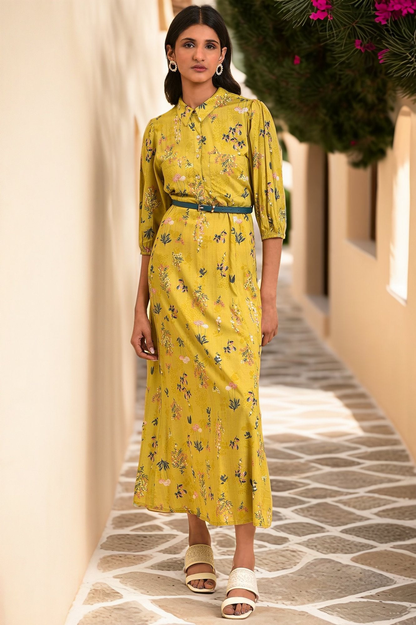 Yellow Floral Printed Long Summer Dress XS