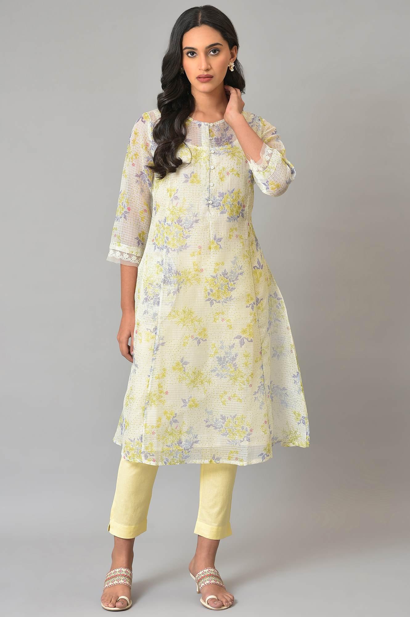 Ecru Floral Printed Kota Inner kurta - wforwoman