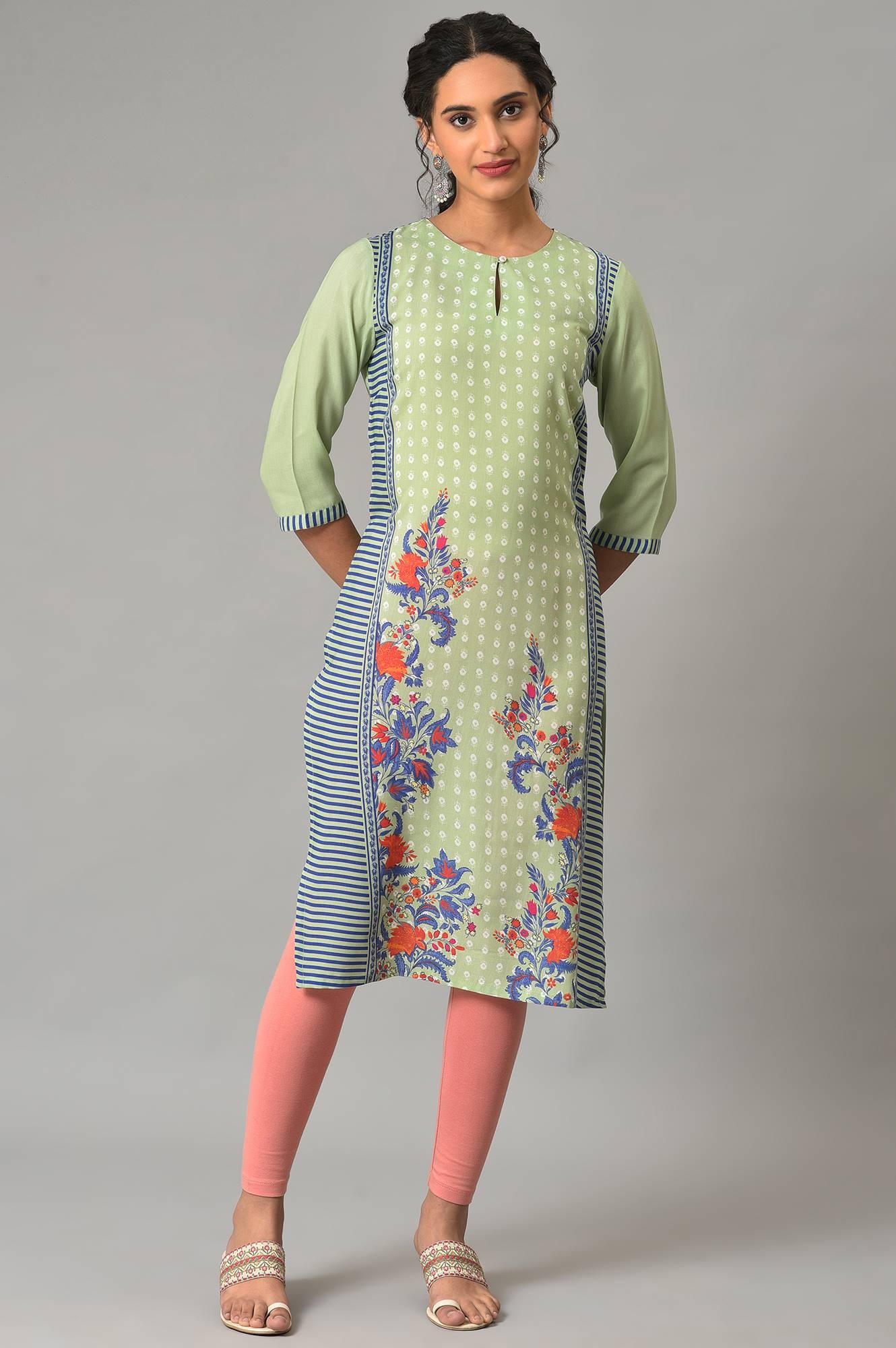 Green Print Mix Summer kurta - wforwoman
