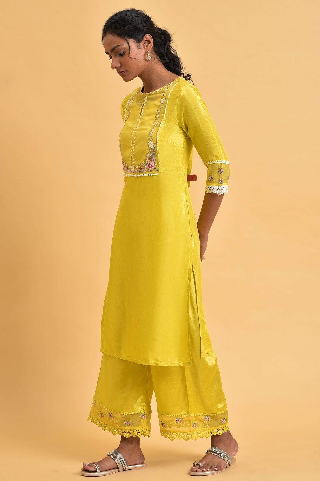 Yellow Embroidered Shantun Festive kurta - wforwoman