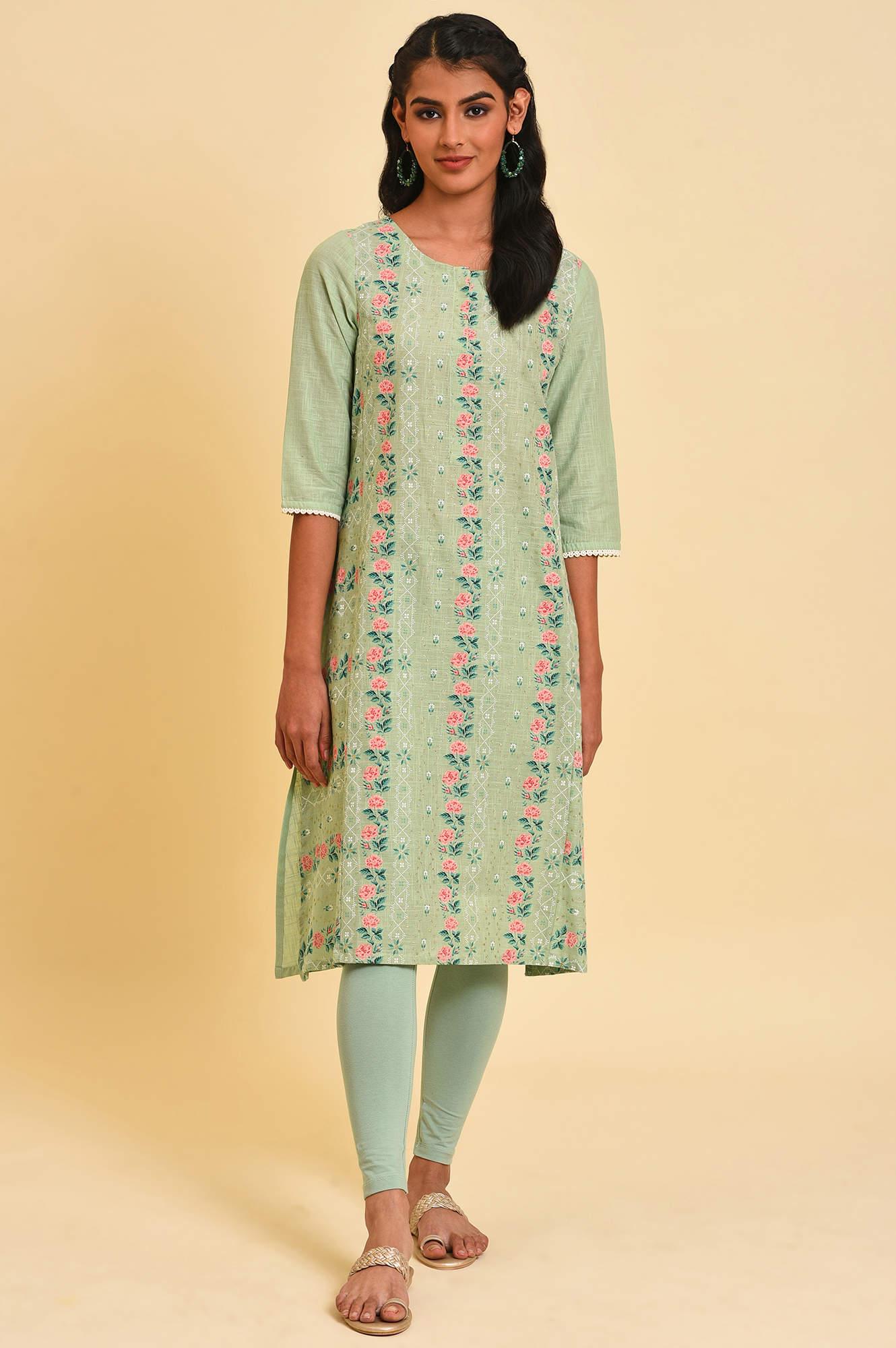Green Glitter Printed A-Line kurta - wforwoman