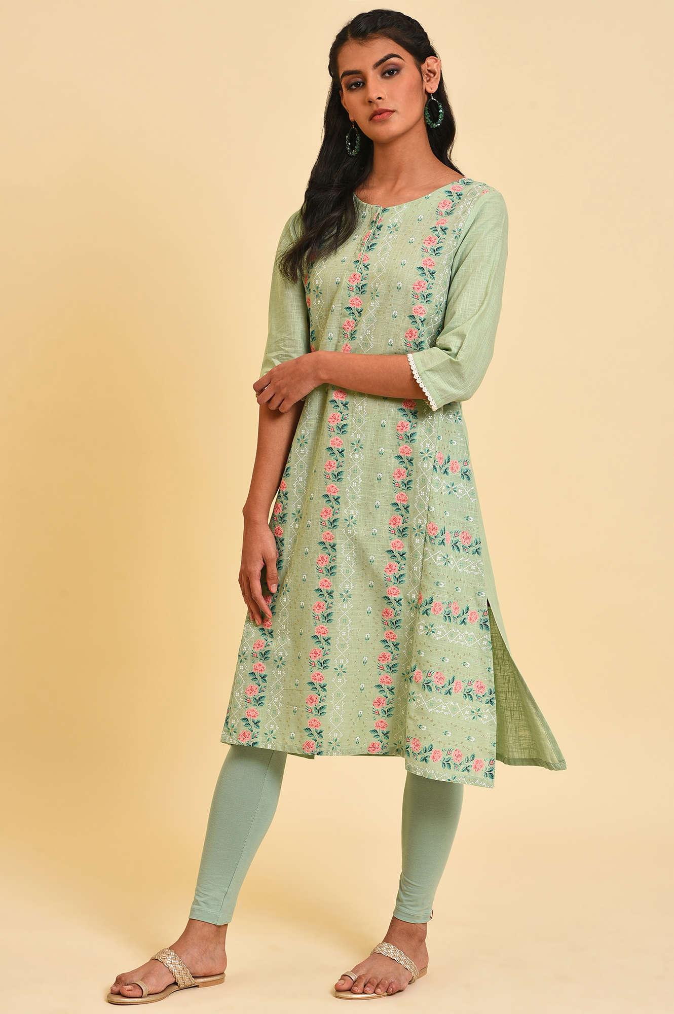 Green Glitter Printed A-Line kurta - wforwoman