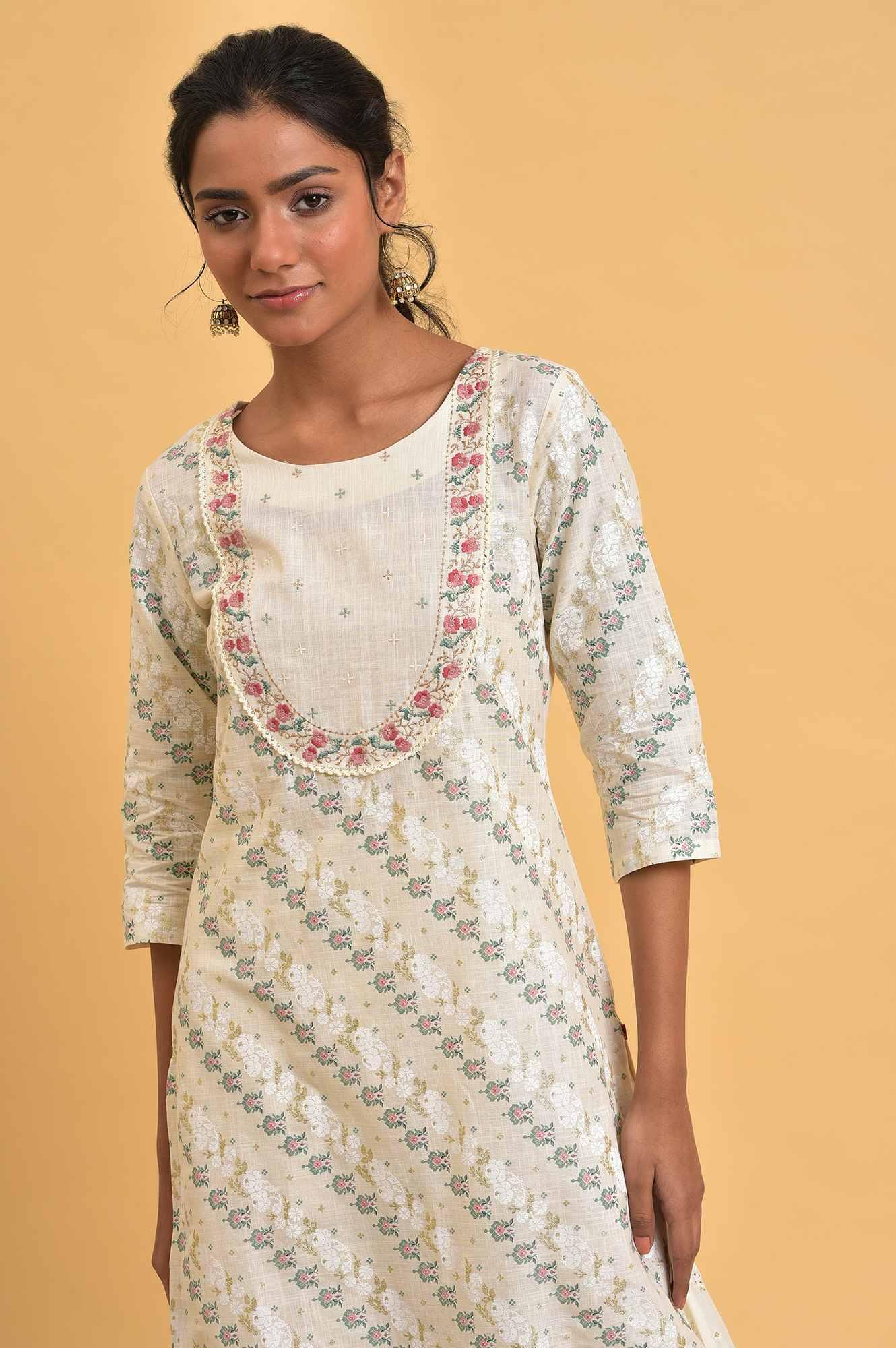 Ecru Glitter Print Round Neck kurta With Embroidery - wforwoman