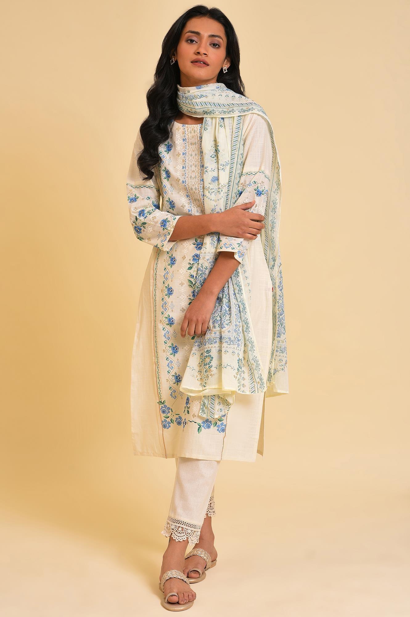 Ecru Glitter Printed Straight Plus Size Summer kurta - wforwoman
