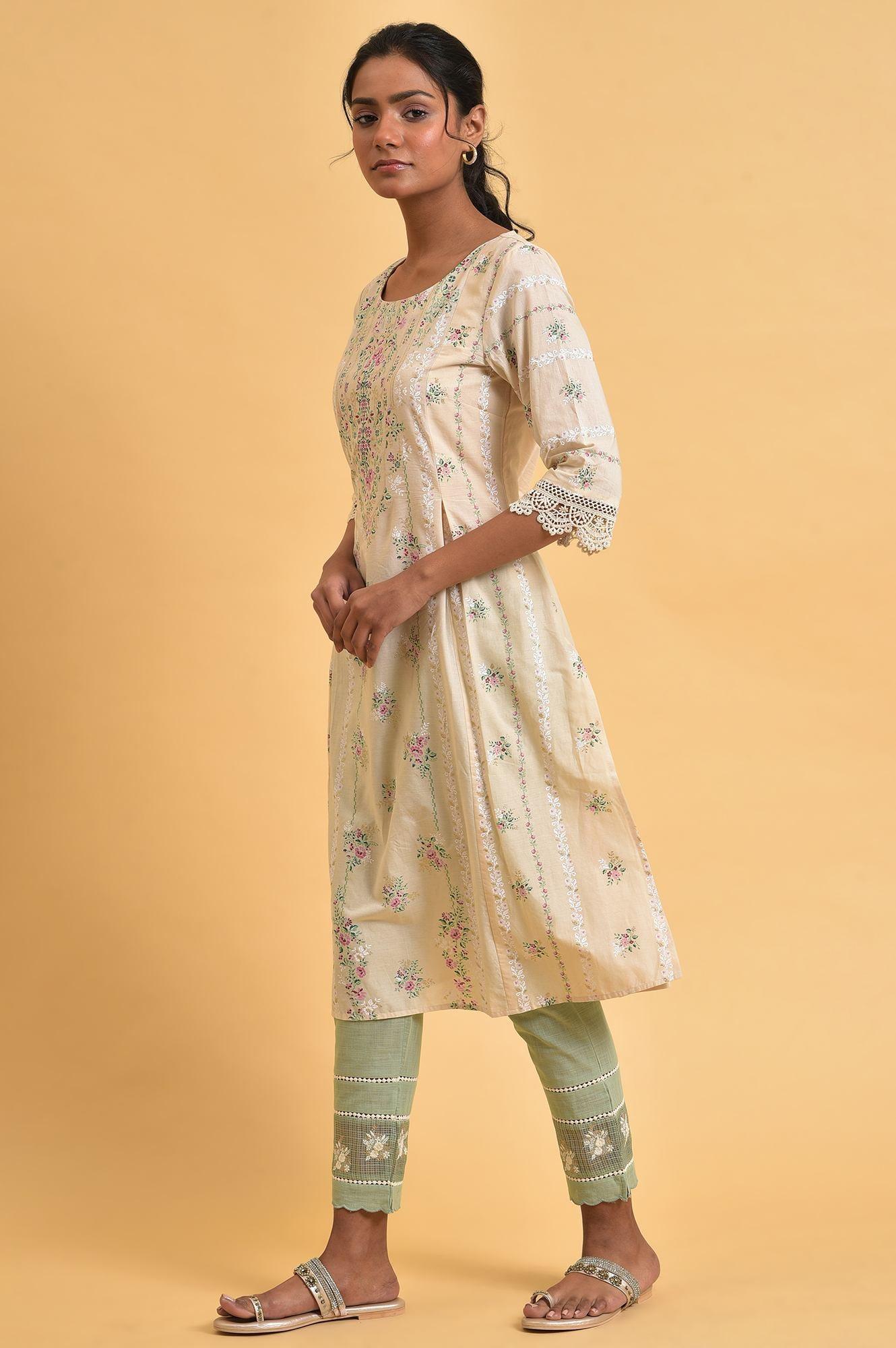 Beige Floral Print Round Neck Cotton kurta - wforwoman