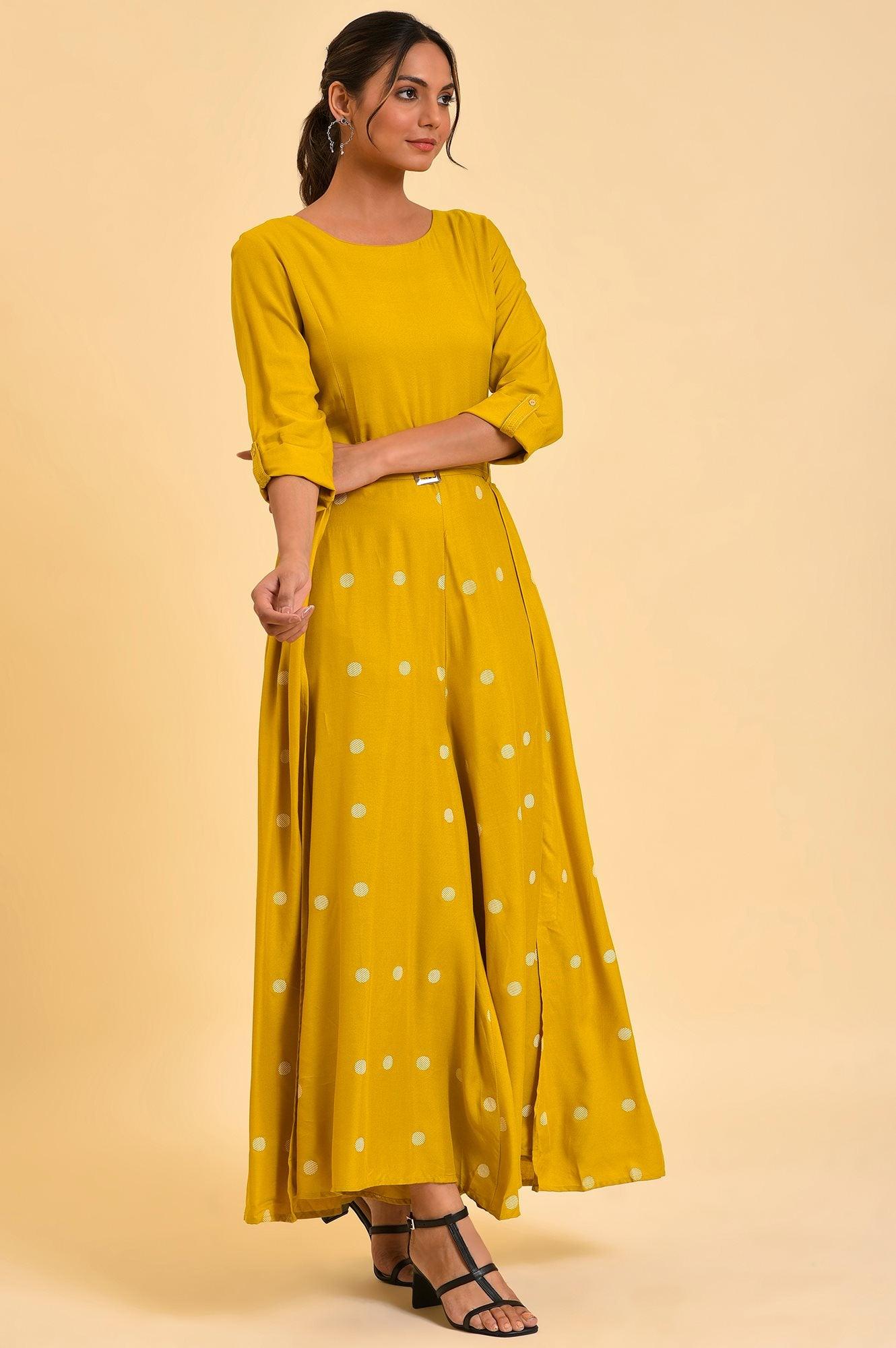Yellow Polka Dot Jumpsuit with Belt - wforwoman