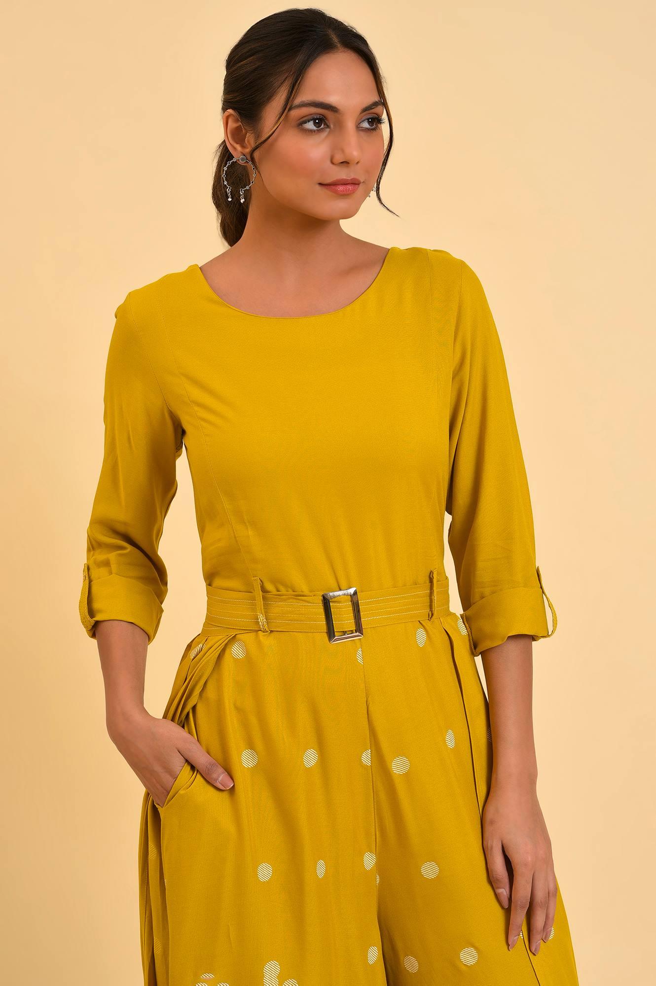Yellow Polka Dot Jumpsuit with Belt - wforwoman