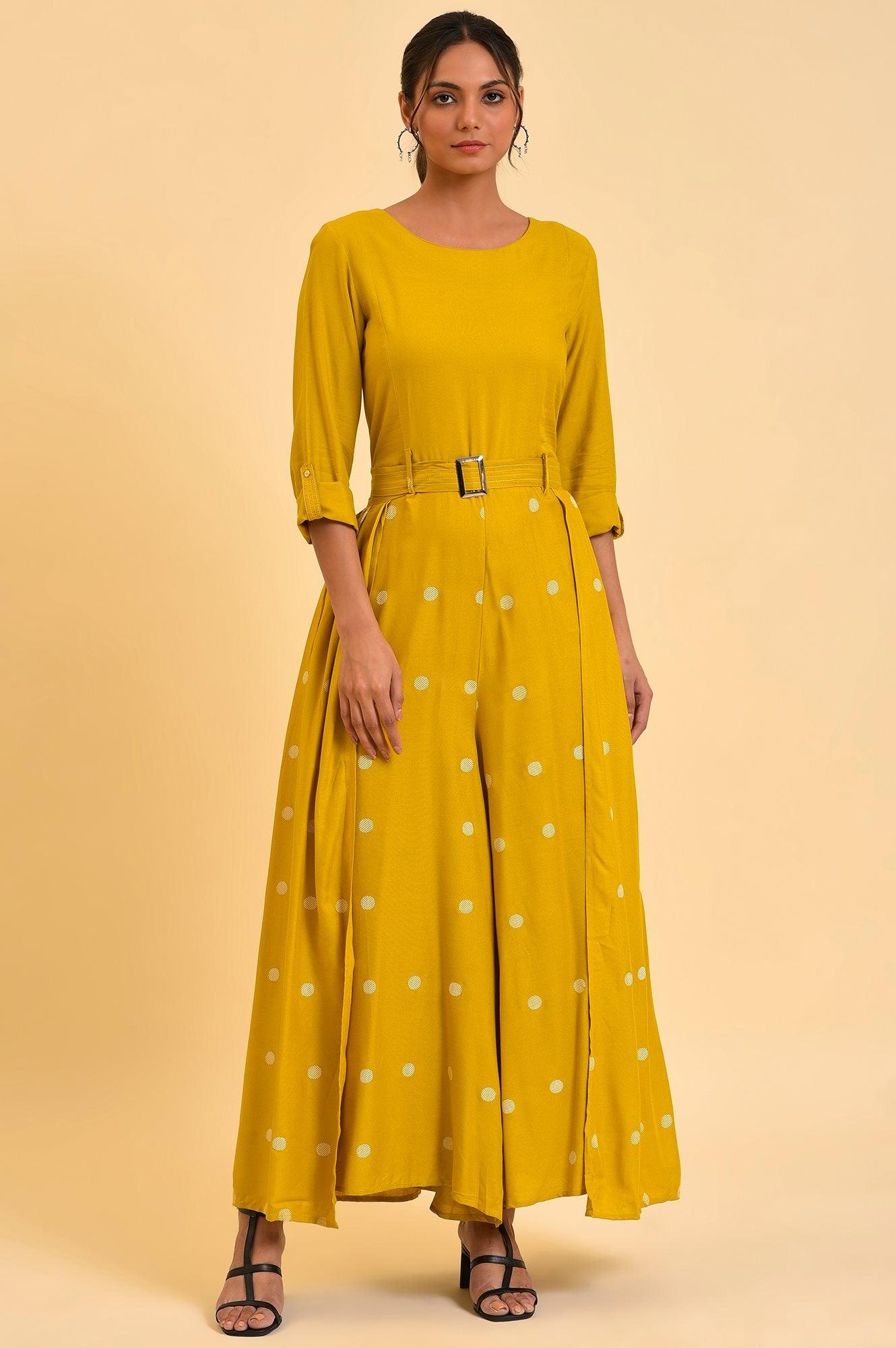 Yellow Polka Dot Jumpsuit with Belt - wforwoman