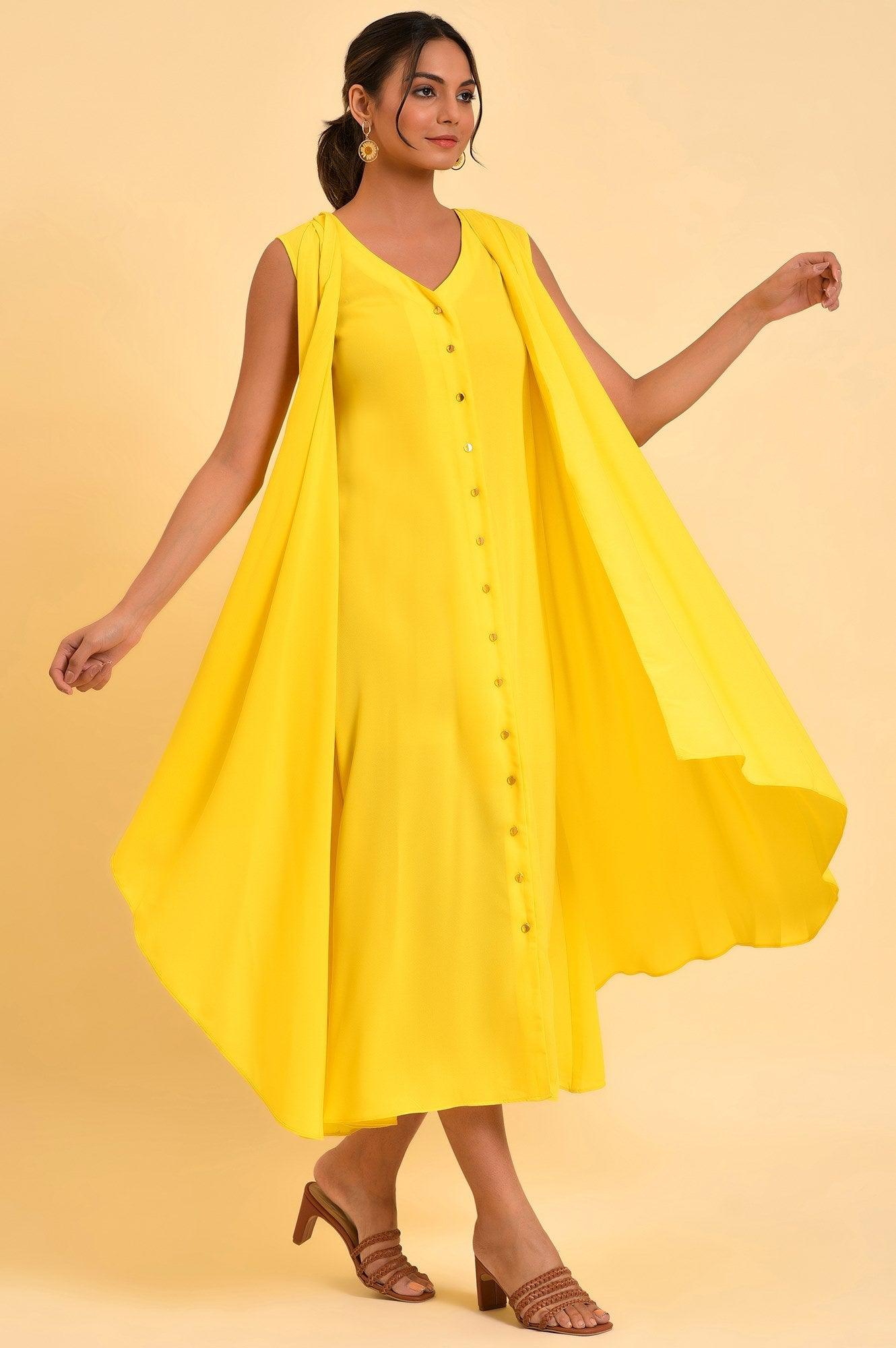 Yellow Fashionable Sleeveless Draped Dress - wforwoman